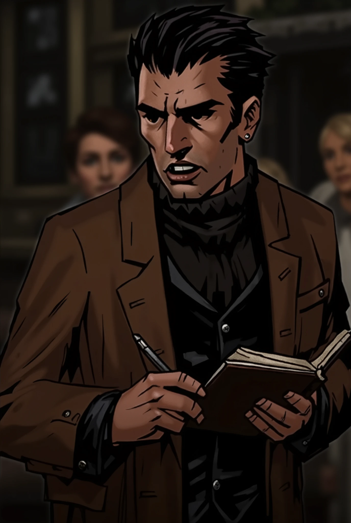 Create a journalist character wearing a brown coat with a high collar holding a pencil and a notepad with black hair