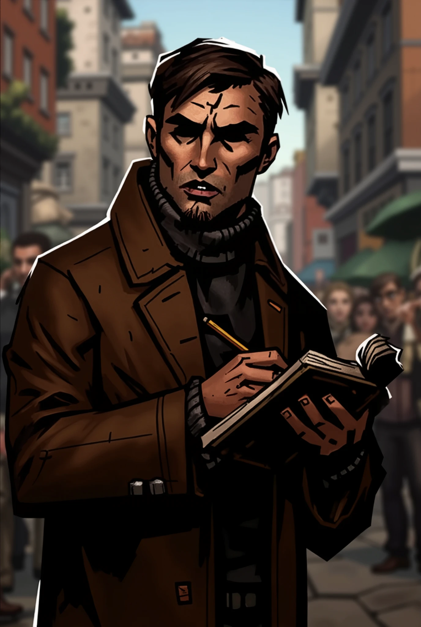 Create a journalist character wearing a brown coat with a turtleneck holding a pencil and a notepad