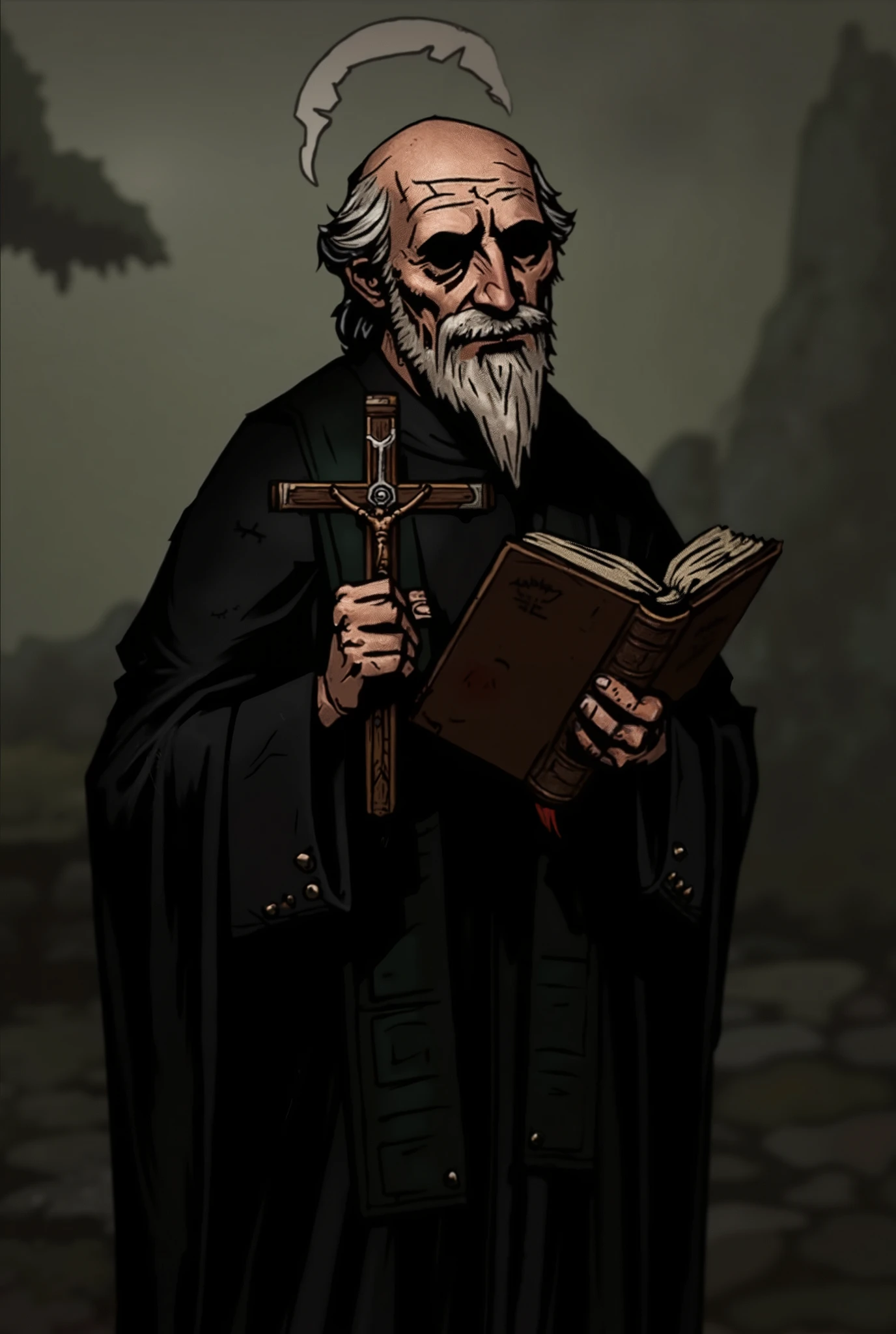 Create an older priest with white hair with a cassock holding a crucifix in his left hand and a closed bible in his right hand