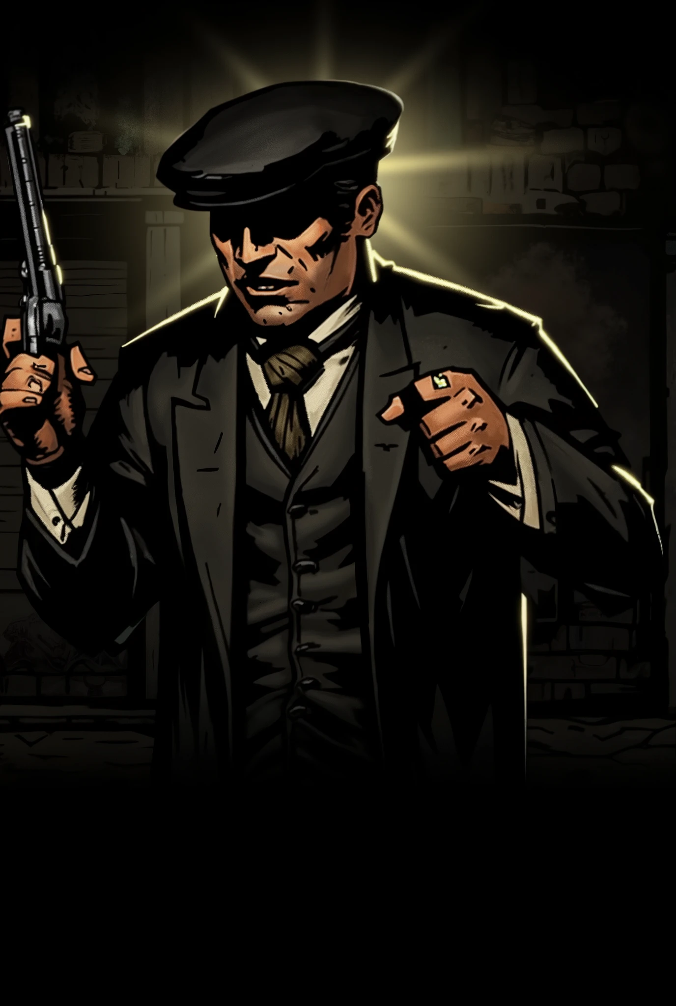 Create a Peakyblinders-style gangster holding a revolver 