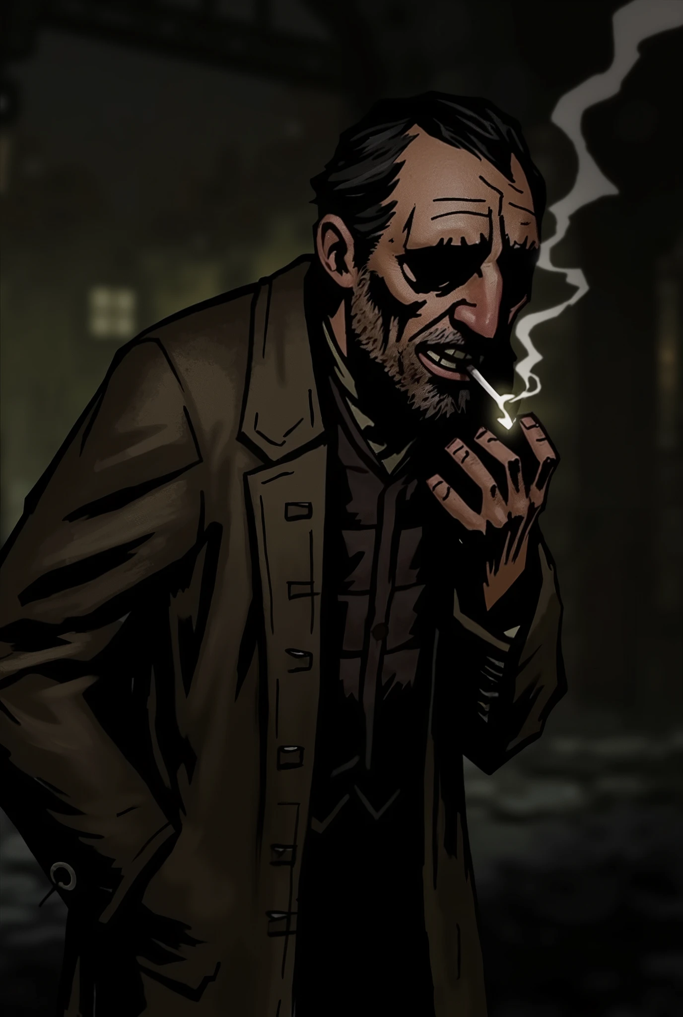 Create a character with a trench coat and with a tired face smoking a cigarette