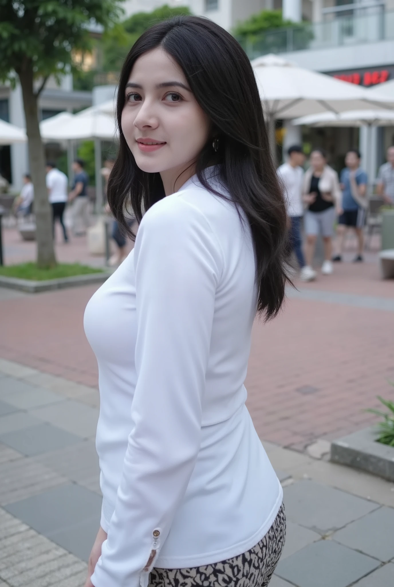 (Masterpiece: 1.2, Best Quality), Realistic, (Realistic Picture, Complex Details, Depth of Field), Best Quality, Masterpiece, Highly Detailed, Realistic, 1 adult girl, indonesian wife, 23 Years Old, , chest forward, huge breasts, thin lips, beautiful and seductive, sexy body, wearing a black Muslim hijab modern stylish, wearing white shirt casual, the town square background, standing, many couples dating, full body view, look at viewer, full photo.