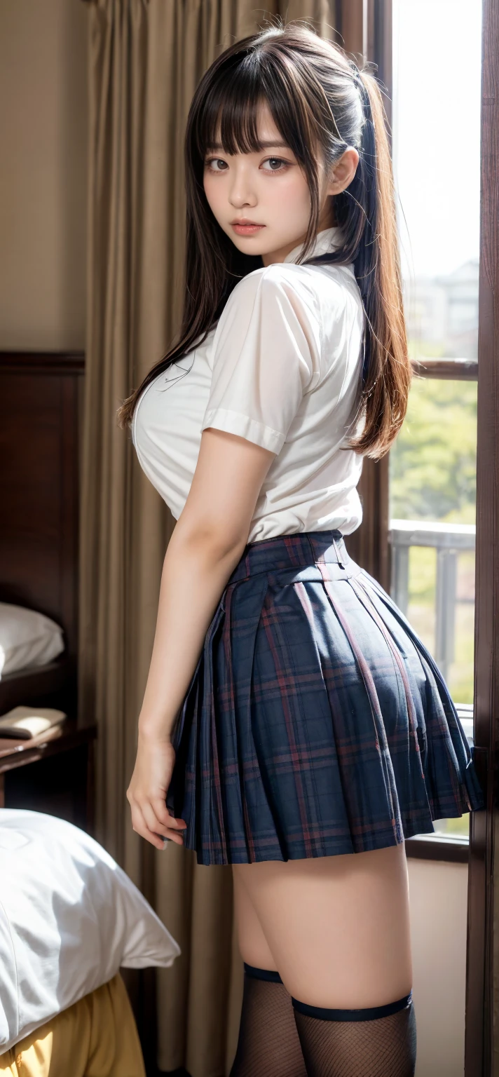 (8K, best quality, masterpiece:1.2), (realistic, photo-realistic:1.37), (high color saturation:1.0), (highly detailed skin), (highest quality:1.0), (ultra high resolution:1.0) ,(realistic:1.0), (Super detailed:1.0), (8K, Raw photo:1.1)、standing random pose, smiling, natural breast, perfect lighting, ((3girls students)), 18years old, (mysterious), clear and detailed, ((school_uniform, Japanese sailor uniform, flared skirt)), (indoor school climb the stairs), surprised face, (white_panties), looking at back viewer, nsfw, low angle photo,