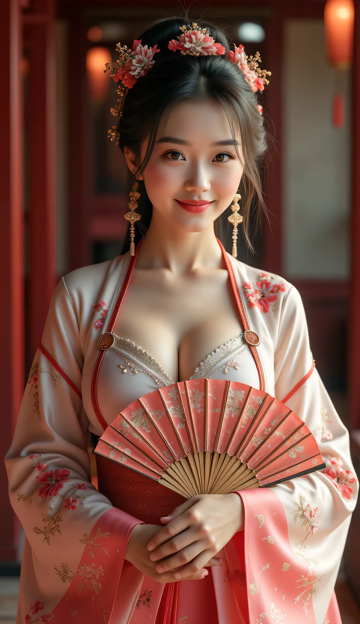 Create a stunning wide-angle image set in the ancient Han Dynasty, featuring a hyper-realistic portrayal of a vivacious dressed Chinese courtesan. She should be depicted with a radiant smile and a gentle blush, showcasing her lush appearance and intricate busty hanfu kimono that hugs her figure shapely. In her hand, she gracefully holds an elaborately designed large size folding fan on her hand, crafted with exquisite detail that draws the viewer's eye. The scene is set within the opulent interiors of an ancient Chinese brothel, characterized by soft lighting that enhances the depth of field. Focus on the realistic depiction of her hands, fingers, and glossy hair, ensuring each element captures the lifelike quality of the image. The composition should include symmetrical leading lines to create balance, and the overall aesthetic should reflect the high-quality standards of contemporary modeling photography with influences from Artstation, Deviantart, and Unreal Engine art. The final piece should resonate with ultra-realistic texture depth in 8K ultra high definition, exuding the artistry of silkPunkAi.