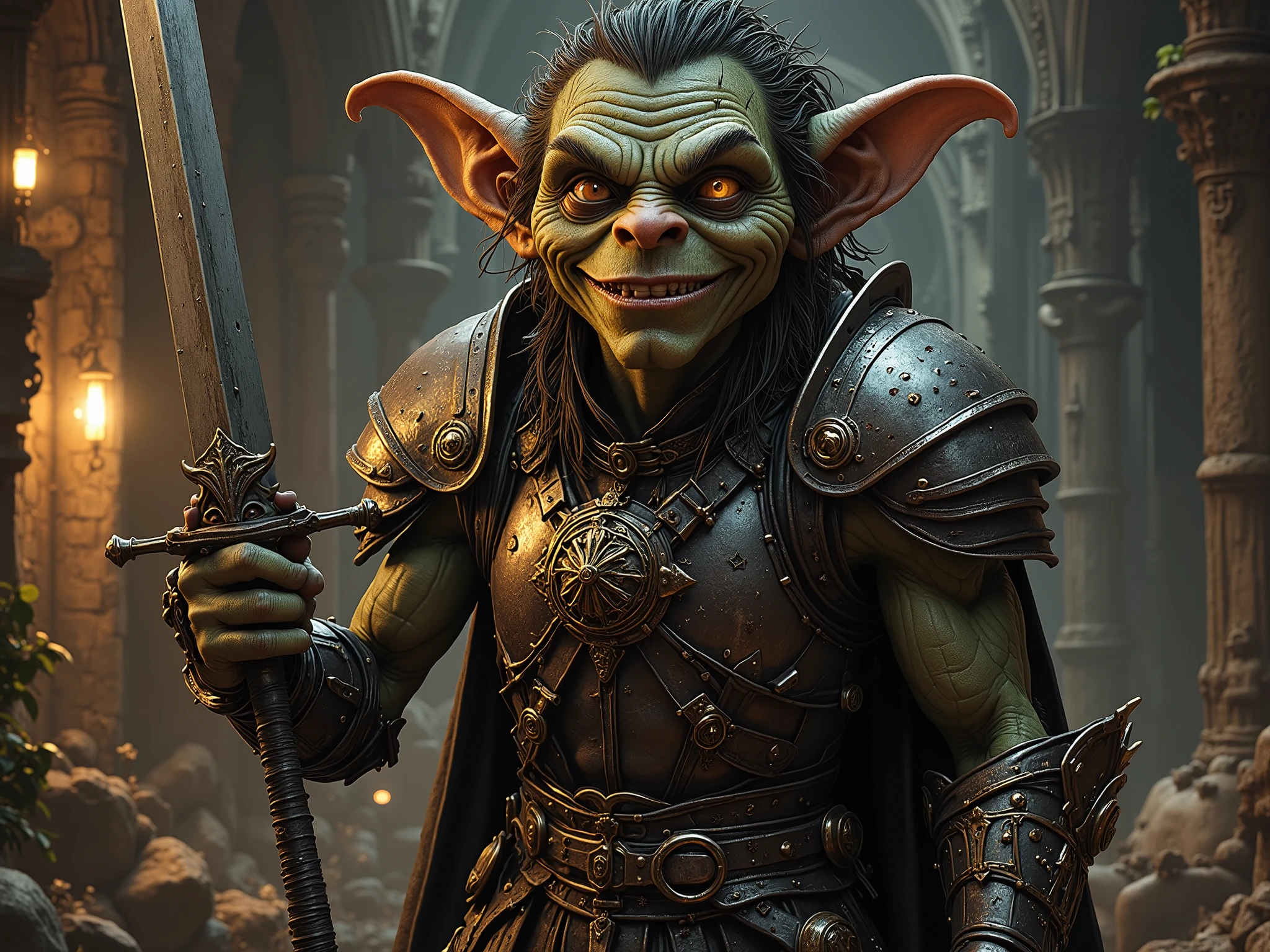King of the Goblins, His commanding presence fills the frame as he sits upon his throne, a symbol of strength and authority. Every meticulous detail of his kingly attire, from the intricate engravings on his armor to the rich textures of his velvet cloak, is captured with astonishing realism. The flickering torchlight casts dynamic shadows, highlighting the rugged contours of his face and the gleam of determination in his eyes. Behind him, the grandeur of the goblin citadel unfolds with breathtaking realism, every stone and pillar rendered with meticulous precision. Sunlight streams through the stained glass windows, casting vibrant hues upon the ancient walls and lending an air of solemn majesty to the scene. The camera, set to a headshot perspective with a 70mm lens, allows the viewer to immerse themselves fully in the king's regal presence, capturing every subtle nuance of his expression and posture. With its lifelike detail and masterful use of lighting, this photorealistic depiction transports the audience into the heart of the goblin kingdom, where the King of the Goblins rules with unwavering strength and wisdom.
((Type of Image: Photorealistic))
((Art Styles: Realism))
((Art Inspirations: None specified))
((Camera: Headshot, 70mm lens))
((Render Related Information: Lifelike detail, masterful lighting))
<lora:g0blin - Goblin Concept:0.8> g0blin
<<lora:BoneMagic-22:0.8>, bonemagic, fragmented bones, dark magic, enchanted armor