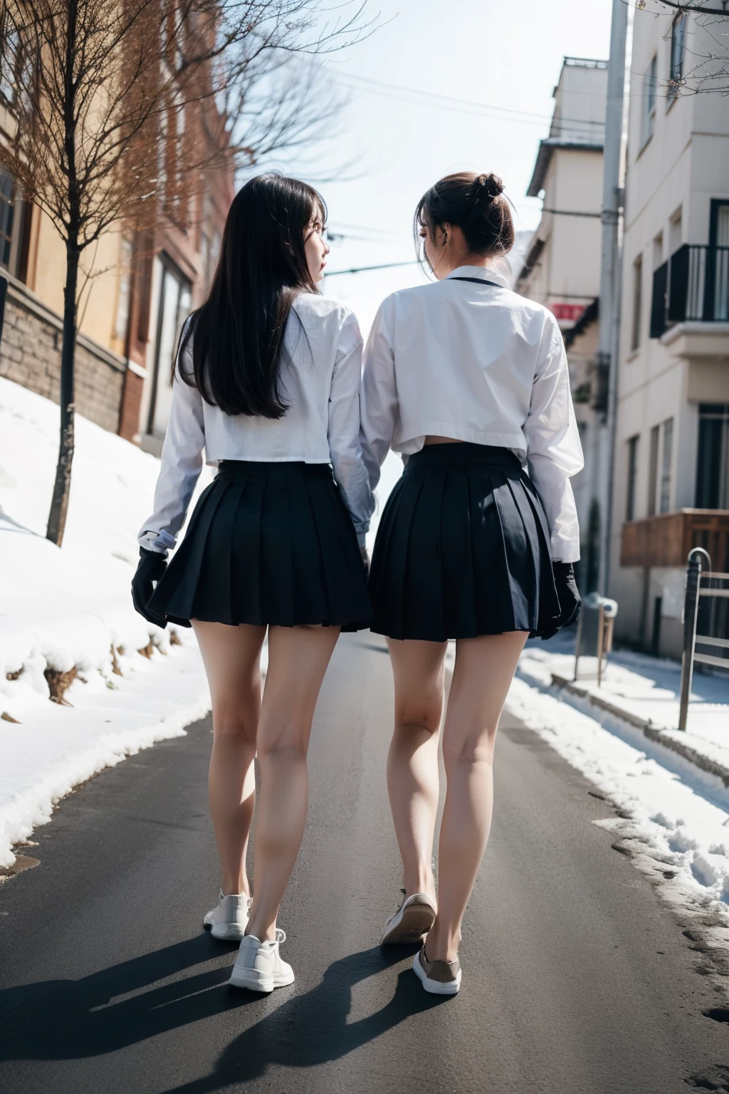 Two girls in uniform walking on a snowy road,,Exactly the same clone clothes, beautiful feet, Navy Blue Pleated Miniskirt , micro miniskirt ,white sneakers on bare feet,Wear a black down,Wear gloves,low angle,from below,Taiwanese face,