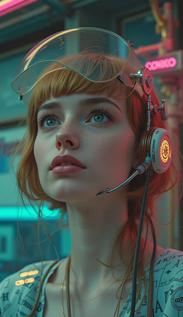 there is a redhead woman posing for a photo, Ultra-realistic 8K cyberpunk art, hyper-realistic cyberpunk style, Inspired by Ayami Kojima, The portrait of the cyberpunk girl, portrait beautiful science fiction girl, beautiful cyberpunk girl face, cyberpunk style , Hyper realistic, realistic hyperreal science fiction, portrait of max caulfield, 8k portrait rendering, photorealistic art style