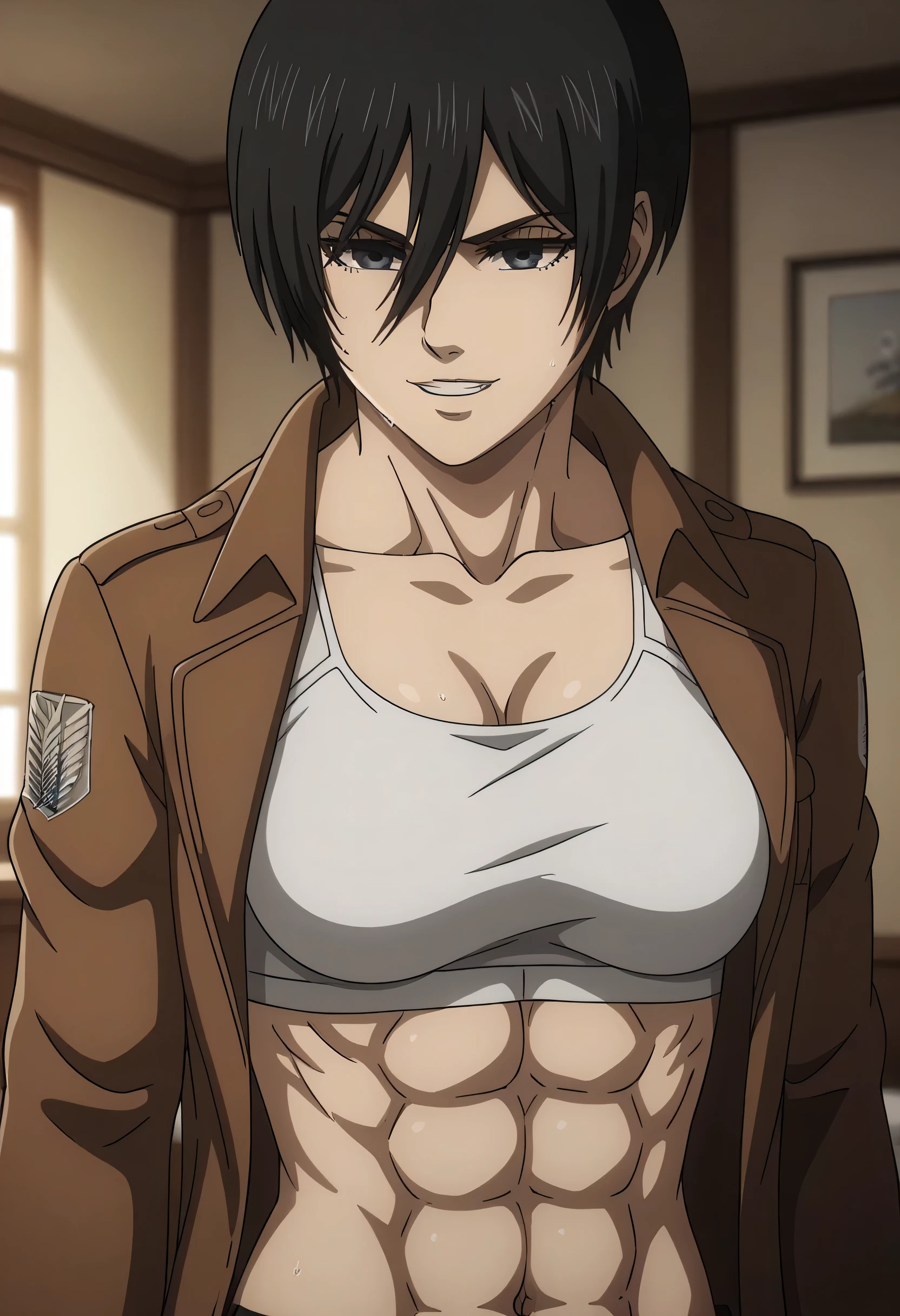 score_9, score_8_up, score_7_up, BREAK source_anime, mikasa ackrman, grey eyes, black hair, short hair, medium breasts,Mikasa wreanig open green zipper jacket black tight sport Elastic fiber bra and black loose military trousers,mikasa with good looking body,perfect lighting,mikasa final season design,mikasa mappa version,sitting on chair, Perfect generation,mikasa boy hairstyle,mikasa season 4 version,attack on titan graphics,in night,HD wallpaper,perfect colors,pixie cut hairstyle,fighting face,,Sweat body,mikasa flat stomach,mikasa only six-pack,normal body size,anime style,tone six-pack,attack on titan season 4 style,upper body,close review to character,bra design as tank top, mikasa handsome face,in bedroom,light trun off in room,mikasa alone in room,solo,1girl, serratus anterior muscles,Qblique muscles,female navel,teeth appear at smile,too white skin, white towel around mikasa neack