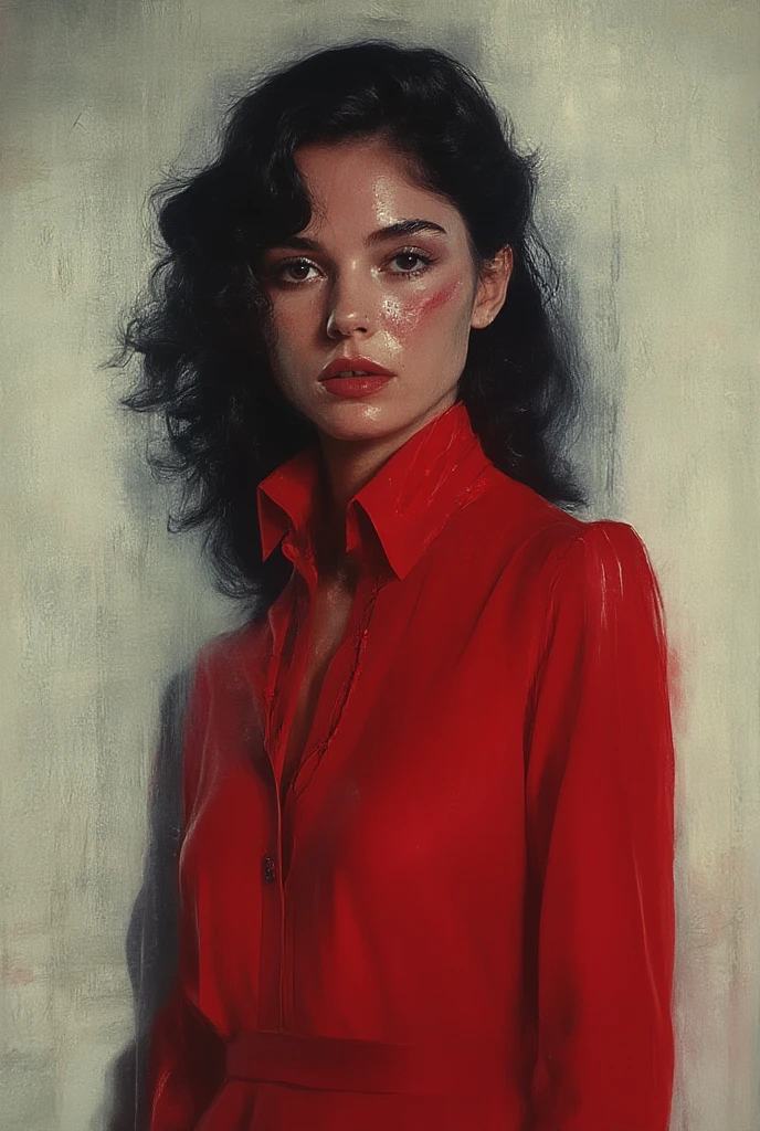 painting of a a waist-length portrait of a beautiful woman with light eyes, in a red shirt, 35 old, the play of light and deep shadow on her face, dark atmosphere, cinematic scene, volumetric lights, ultra realistic, in the style of nicola samori