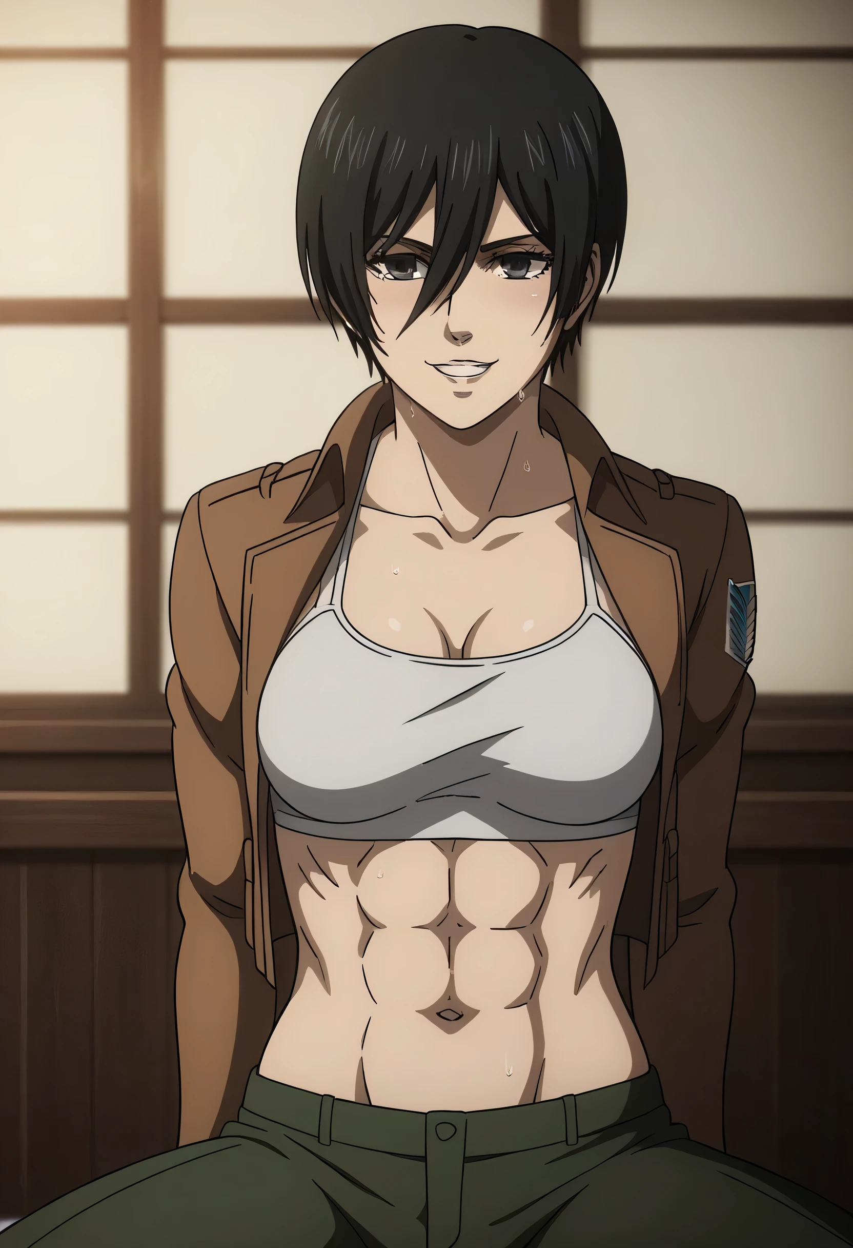 1girl, solo, short hair, bangs, shirt, black hair, hair between eyes, brown eyes, closed mouth, , scarf, lips, wind, red scarf, , nose, , mikasa ackerman, room, upper body, navel, abs,, breasts, bouncing breasts, nipples, looking down, blush, , grey eyes, nude, pussy, looking at viewer, seductive smile, crazy smile, side, on side, holding breasts, hand on breasts, hands on own breasts, bouncing breasts,