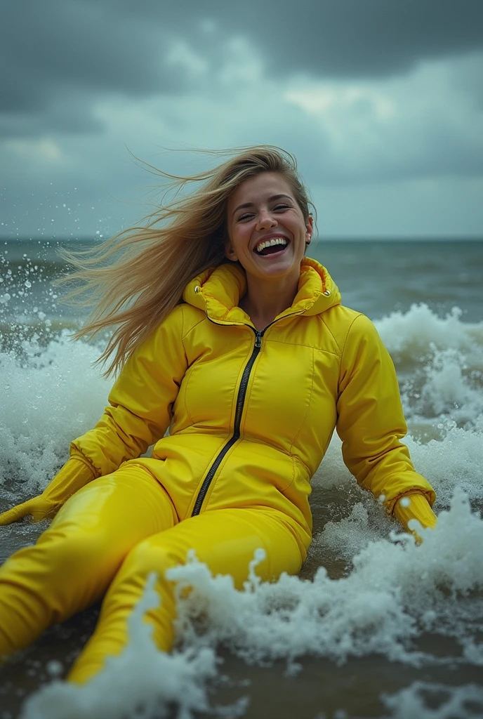 (wet situation), perfect photo of a beautiful blonde woman, (wet hair:1.3), (emerging out from water:1.3), proudly wearing her (wet blue satin shirt:1.3) buttoned to the top, with (long sleeves that extends to her wrists), as she plays with the buttons on her shirt, (in ocean), (only head and shoulders visible on the water:1.4), partially submerged, kinkily smiling at viewer with an (aroused expression from being soaking wet), photographed on a Fujifilm XT3, 80mm F/1.7 prime lens, cinematic film still, cinestill 500T, highly detailed, masterpiece, highest quality, intricately detailed, HDR, 16k, uhd, photorealistic