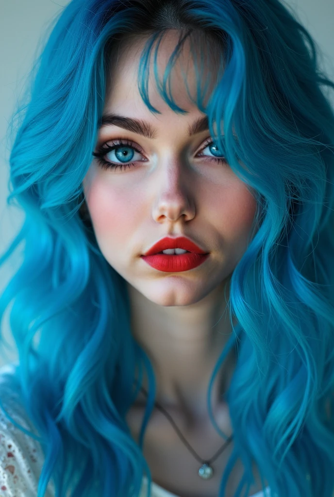 (Head to Toe angle) very , ambar eyes, red lipstick, seductive, realistic wavy twirly blue hair, open white shirt, very small breasts, very small , very , beautiful sexy girl