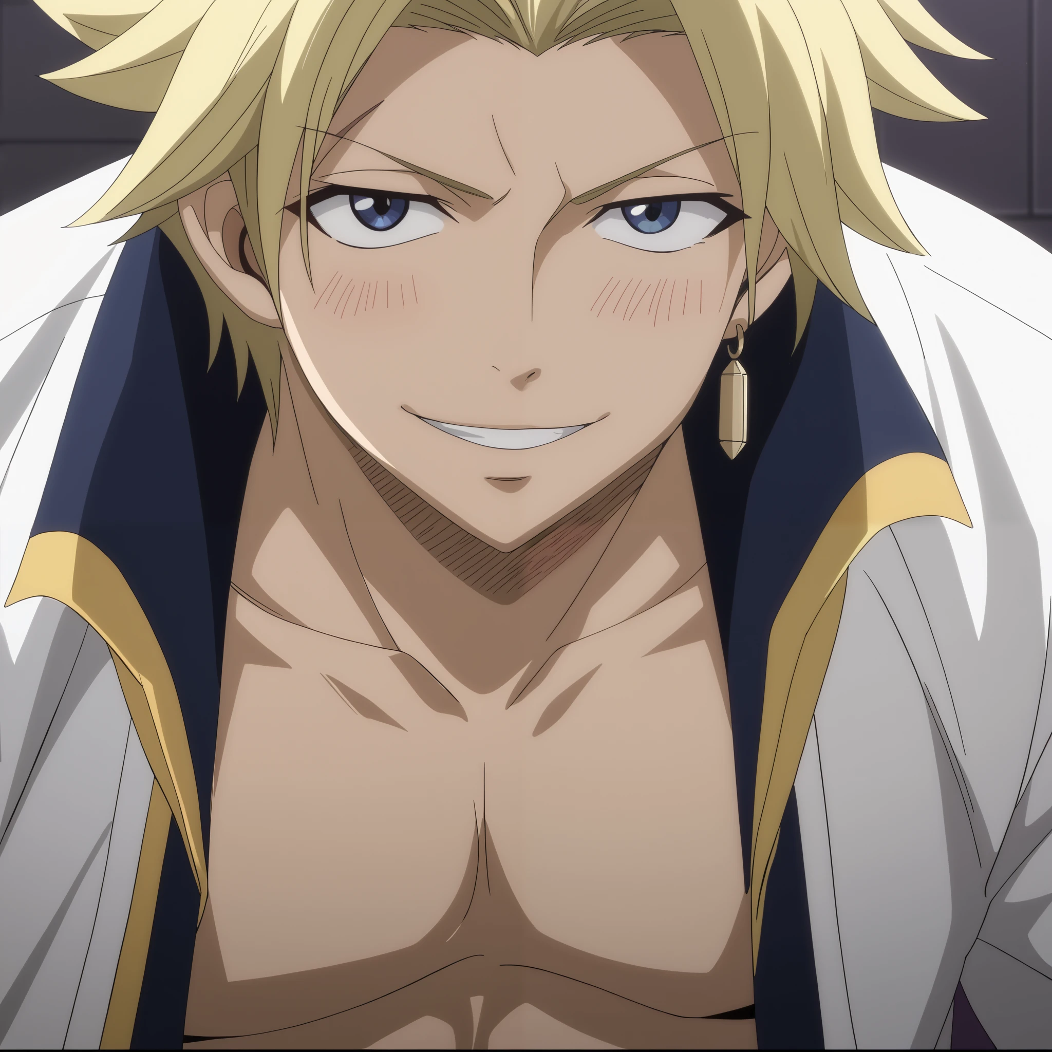 close-up, looking at viewer, score_9, score_8_up, score_7_up, source_anime, StingFT, Sting blonde hair, light yellow Sting, 1boy, male focus, anime screencap, a white men's jacket with black details, which fits his athletic figure. Underneath, he wears a black long sleeved T-shirt. His pants are dark and tight fitting, and he completes the look with white fingerless gloves that add a modern touch. He also usually wears a belt with a decorative buckle. Official style, smile, happy