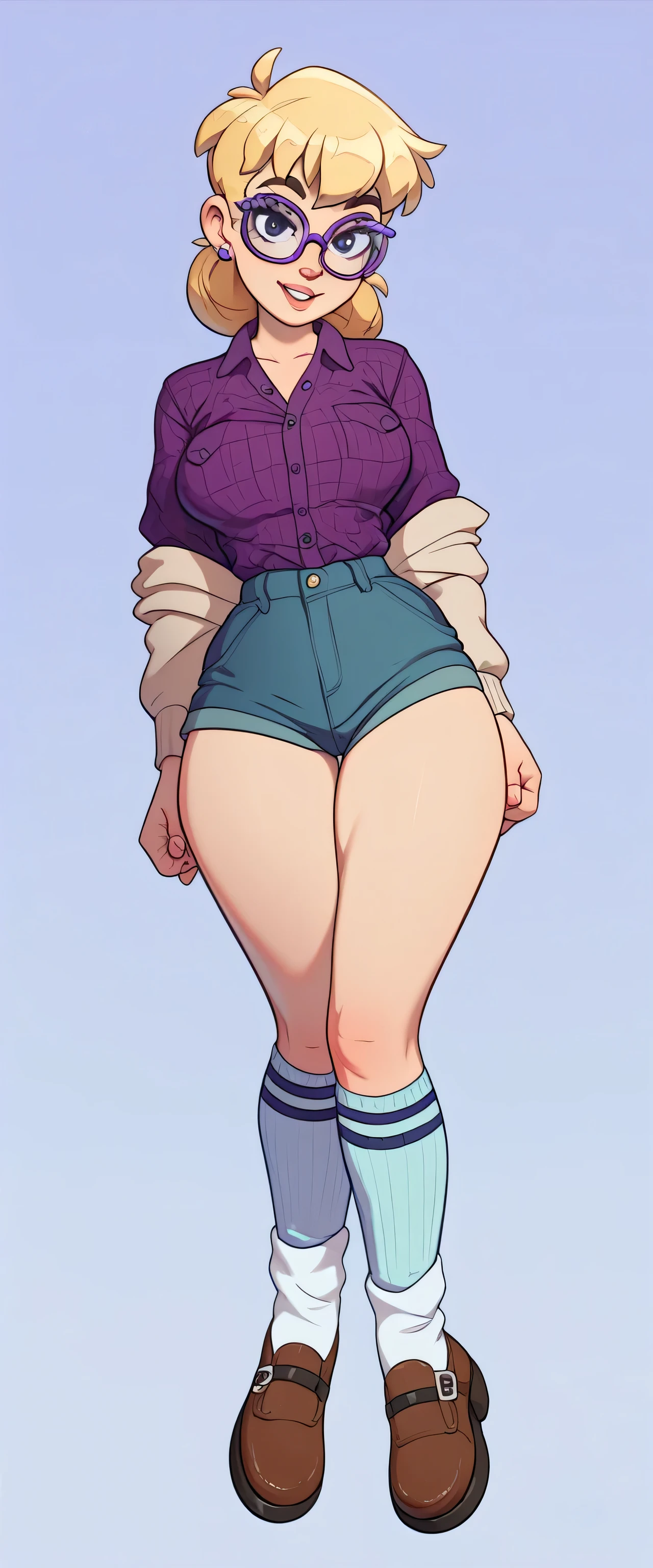 Absorber cell A sexy tall beautiful big breasted yellow blonde hair short round bouffant her black eye purple glasses wears purple button top tied knot shows abdomen and a short blue short white socks long brown heel