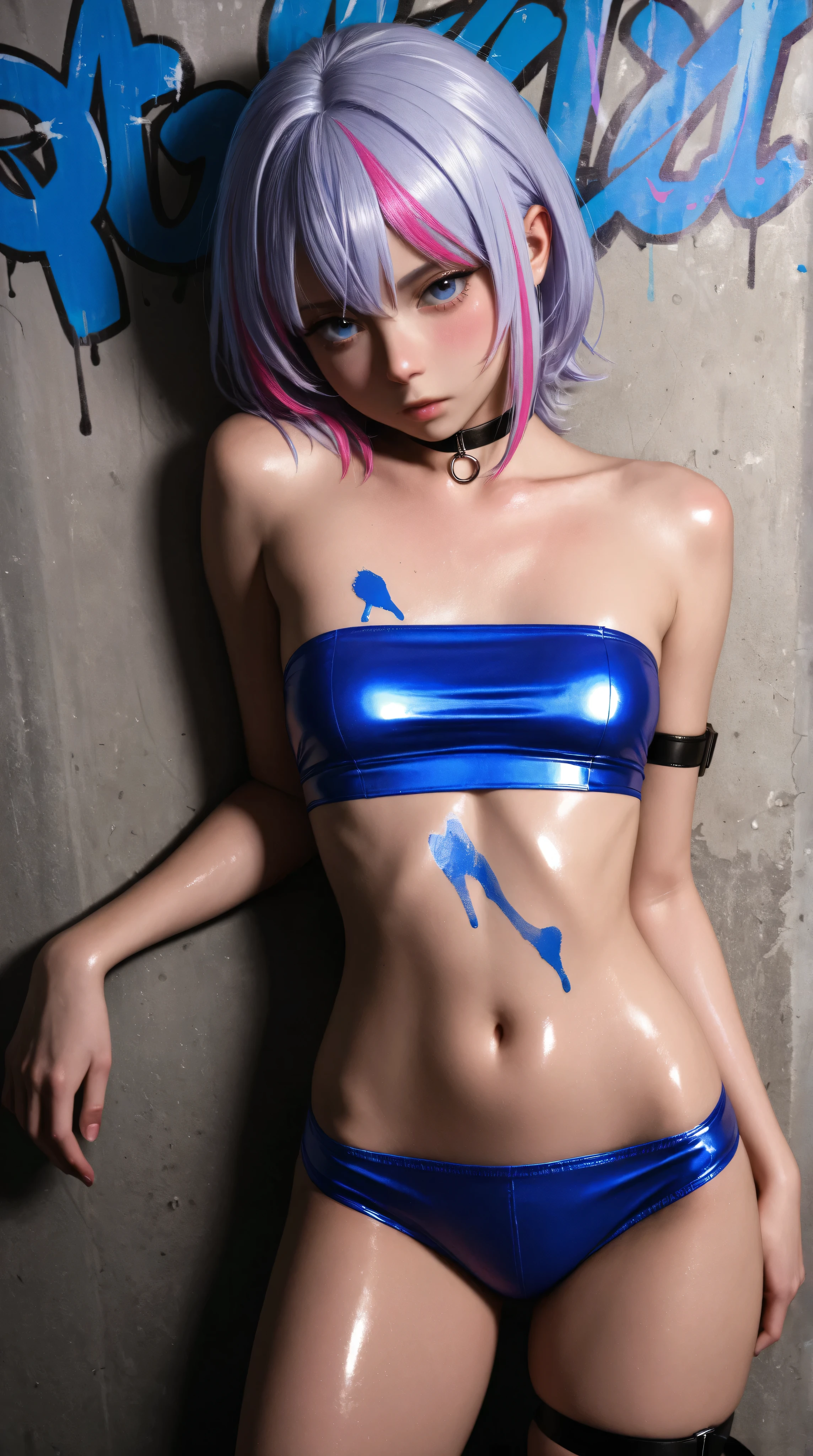 Mujer anime en la ciudad nocturna con colored lights shinedo en su piel, short pastel blue white and pink hair, pastel purple eyes, huge breasts, deep neckline, pastel dyed hair, naturally white hair, very detailed background, 8K Wallpaper, (detailed face and eyes.:1.4), (Detailed hair:1.3), (warm lighting:1.5), (dynamic angle), (dynamic pose), (dynamic background), (visceral experience), intense emotion, very detailed eyes, (darkness), (RGB LED lighting), short hair, naturally white hair dyed pink blue and green, colored lights shine, cyberpunk runners, skimpy suit, exposed abdomen, hipsters altos, red eye shadow.