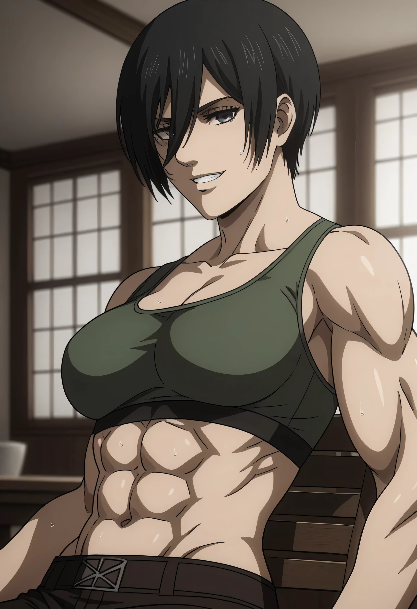 score_9, score_8_up, score_7_up, BREAK source_anime, mikasa ackrman, grey eyes, black hair, short hair, medium breasts,Mikasa wreanig open green zipper jacket black long sleeve and tight sport Elastic fiber bra and black normal trousers,mikasa with good looking body,perfect lighting,mikasa final season design,mikasa mappa version,sitting on chair, Perfect generation,mikasa boy hairstyle,mikasa season 4 version,attack on titan graphics,in night,HD wallpaper,perfect colors,pixie cut hairstyle,fighting face,,Sweat body,mikasa flat stomach,mikasa only six-pack,normal body size,anime style,tone six-pack,attack on titan season 4 style,upper body,close review to character,bra design as tank top, mikasa handsome face,in bedroom,light trun off in room,mikasa alone in room,solo,1girl, serratus anterior muscles,Qblique muscles,female navel,teeth appear at smile,too white skin,fixing character clothes