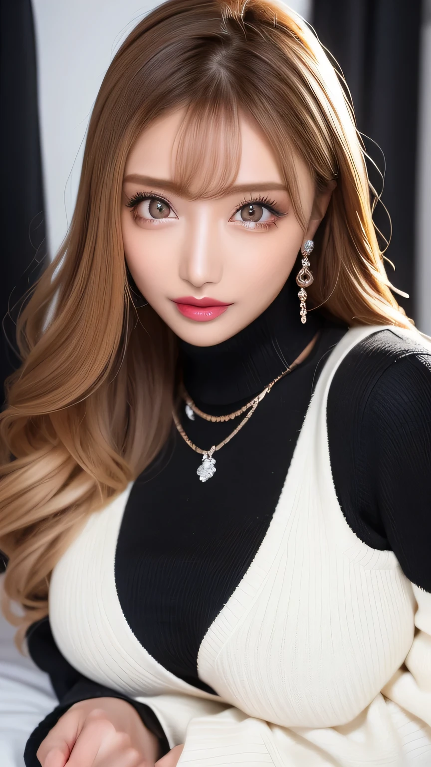 (超 Hi-Res, Masterpiece, anatomically correct, textured skin, super detailed, highest quality, Hi-Res, 8k, bloom, front light :1.2, perfect dynamic composition), (24 years old, 1 person, Cute and sexy tutor, G-cup big breasts, sexy face, gal makeup, 、 Half open sexy lips 、 beautiful woman、( Black sweater , Sexy cleavage:1.1)、Perfect big breasts、( blonde alone :1.1)、 beautiful skin that shines with bright, Shiny Lipstick 、 sexy lips in duck mouth、 half open duck mouth lips、 a lot of people stand out with clear images 、 bright color contacts 、Perfect gal makeup、 Perfect for an adorable companion 、( Dark makeup for women :1.2)、( dark brown beige around the eyes :1.1)、 Beautiful Bright Eye Shadow 、 dark sexy makeup around the eyes 、(Big Breasts:1.2)、 super long wavy hair 、(Romantic affection:1.1)、 amazing adult sex appeal The best smile he has when he sees me 、( there are many people that accentuate body lines ..:1.1)、( strongly blurry 、 a 。:1.1)、( The image is clear 、 jacket :1.1)、 accurate anatomy、 ultra HD hair、( Super Hi-Res Perfect Beautiful Teeth:1.1)、Ultra HD beautiful face 、 ultra HD hair、 crystal clear bang 、Ultra HD Shining Eyes、 Shining Super Hi-Res Beautiful Skin 、 Super Hi-Res Glossy Lips 、 Harry Winston necklace