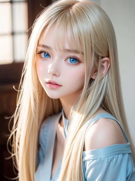 Dazzling shiny bright blonde hair, 17 years old cute sexy little beautiful face, Shining blonde dancing in front of a pretty face, Long silky bangs over the eyes, Shining pale light blue eyes, Blonde hiding her face, Too long blonde hair, Sexy and cute young woman, Super long super long blonde shiny light hair, Clothing, T-Shirts, big breasts, Very white skin, cheek gloss, Small Face Beauty,