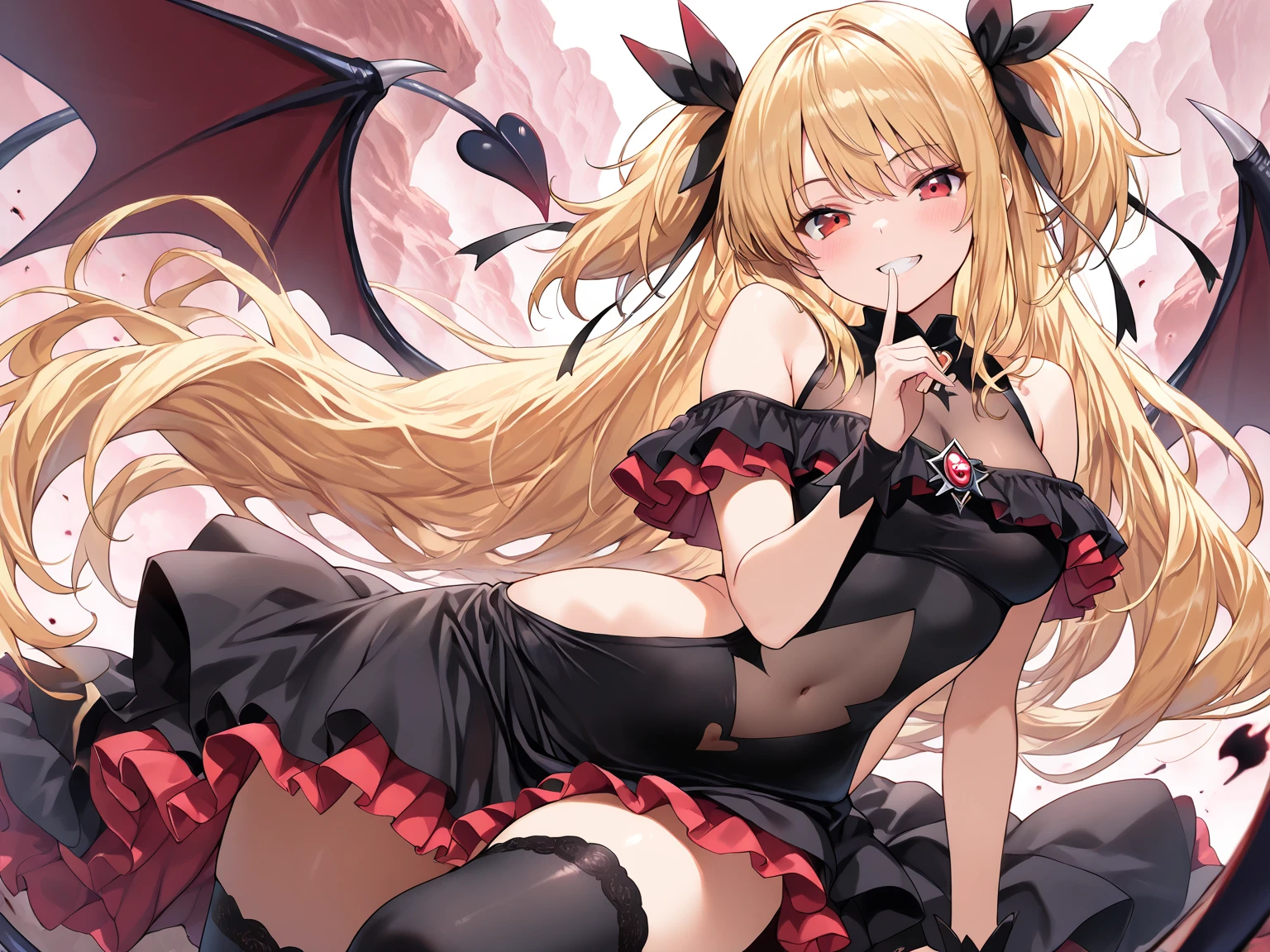 <lora:ShadeCorruption:0.95> ShadeMC, shademon, shadow, multiple eyes, evil smile, monster, symbiote, night sky, glowing eyes, eye monster, beholder,, ultra detailed, masterpiece, best quality, aesthetic, detailed,, solo, soft smile, light smile,
1girl, blue eyes, very long hair, blonde hair, long blonde hair, french braid, bangs, medium breasts,, hair ribbon, frilled choker, criss-cross halter, sleeveless dress, high-waist skirt, backless dress, waist bow, detached sleeves, frilled sleeves, wide sleeves, pantyhose, patterned legwear, mary janes,