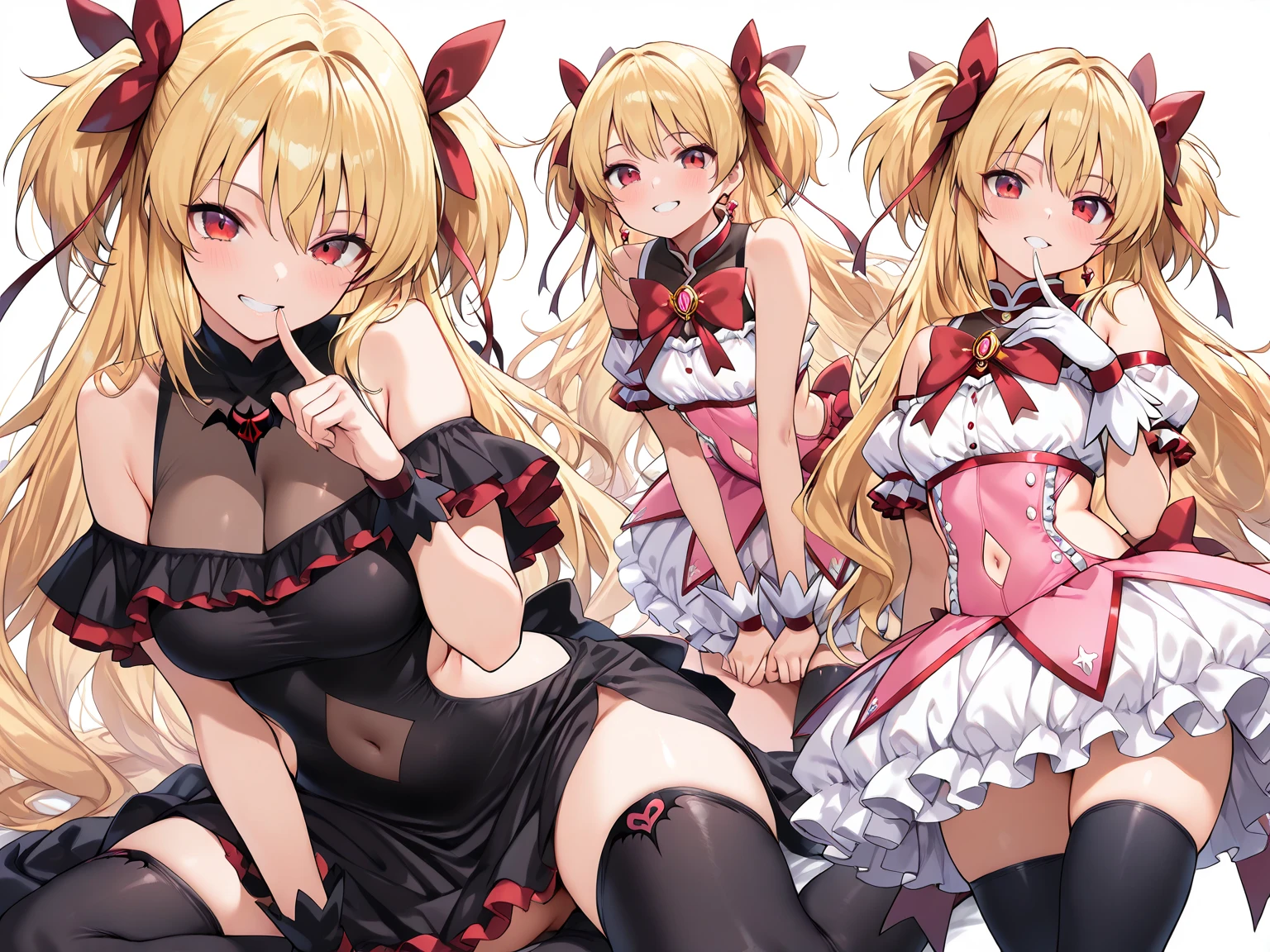 {{mksks style}}, Touhou, ((masterpiece)), ((sole female)), ((depth of field)), ((tone mapping)), (sharp detail), (perspective), ((high resolution)), (lighting), Medicine Melancholy, ((blonde hair)), ((short hair)), ((wavy hair)), ((blue eyes)), ((red bow)), ((hair bow)), ((giant ribbon)), large breasts, ((black dress)), ((backless dress)), ((gothic dress)), gothic lolita, perfect face, (large ass), (thick thighs), (hands on hips), black dress, (ass focus), (shirt collar), long dress, ((shirt dress)), ((seductive smile)), simple Background, (wide hips), (huge breasts)), ((thick eyelashes)), (flower meadow), (Lily-of-the-valley), ((short sleeves)), ((looking at viewer)), ((perfect face)), ((expressive eyes)),