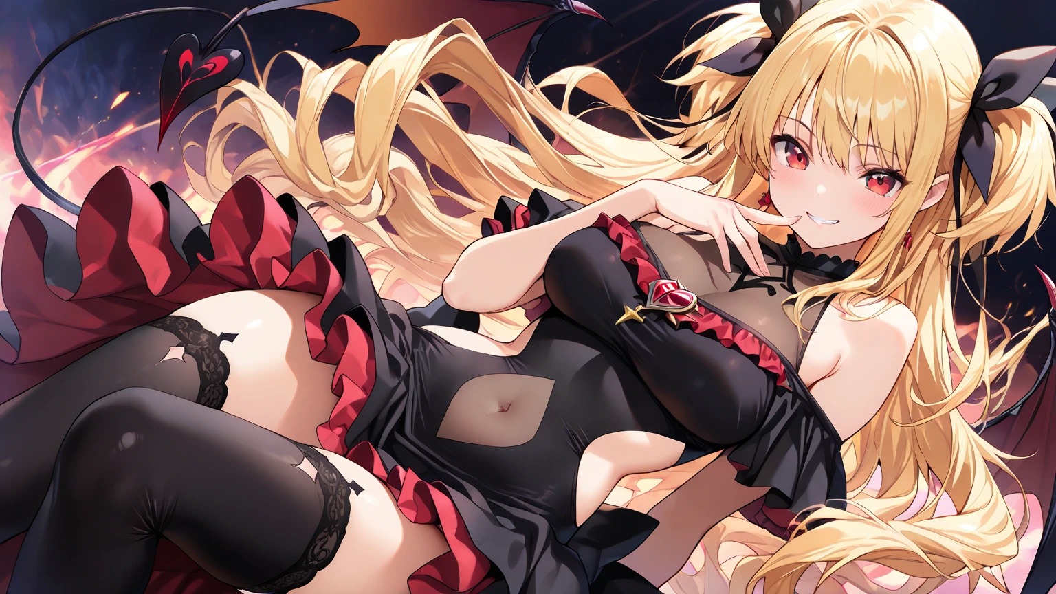 Carefully draw the face　5 year old girl　High-quality faces in anime style　a blond　Shiny black full body suit　Red lines all over the body　seductiv　a smile　Morrigan Aensland　Rear view