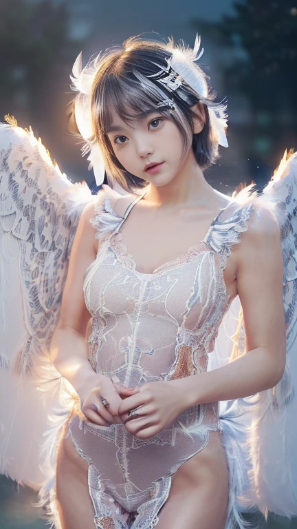 (Ultra-realistic), (figure), (High resolution), (8k), (Very detailed), (Best figure), (Beautiful and detailed), (Highest quality), (Super detailed), (masterpiece), (wallpaper), (Detailed face), alone, One Girl, watching viewer, Trendy clothes,Less exposure、Fine details, Detailed face, In the Dark, Deep Shadow, Modest, Pure Erotic Face Ace_v1, cool, short hair, Pointed diagonal bangs,In a beautiful forest、Fairy、Angel、stream、Water Play、Soaking wet、Wet Hair