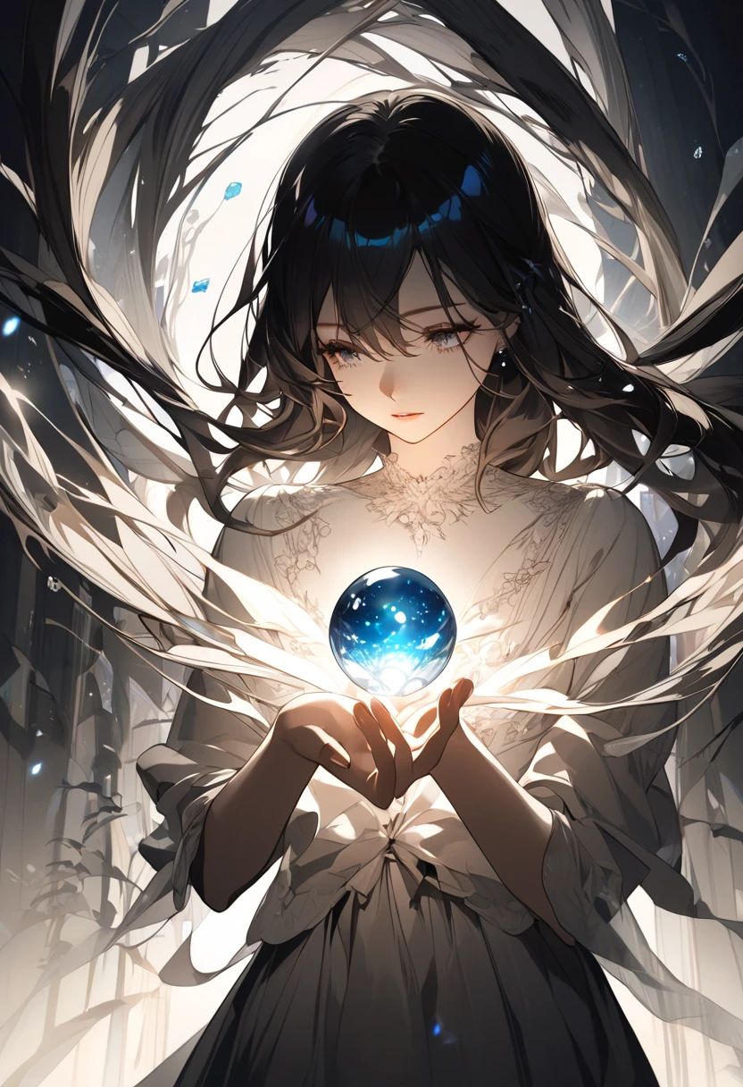 A linda mulher ,Holding a glowing orb with both hands,looking directly at the camera,Meditar de pernas cruzadas, at centre,Clear facial features,Cores muito brilhantes, light particle, com luz brilhando, Mushiv, arte de papel de parede, UHD wallpapers
