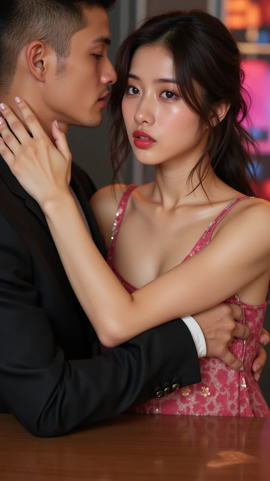 masterpiece:1.2, Very detailed, Ultra-high resolution, Realistic, photo Realistic:1.6, High-resolution RAW color photos, Professional photos, Sharp focus:1.2, Very detailed顔と肌の質感, Very beautiful eyes, Glossのある肌, Glowing Skin, Glowing Skin, Shining Face, Gloss, Oily skin, greasy face, Oily skin, greasy face, real Glossのある肌 texture, Perfect Anatomy, Very detailed背景,(Luxury hotel at night),1 female,short hair, Straight hair, bangs, Brown Hair,((Flat Chest:1.55)),Slender legs, ((A luxurious, high-quality silk mini party dress in wine red with a revealing, sexy design.:1.6)),((Take off your clothes、Upper body naked:1.4)),Earrings,((((One naked man、A man grabs a woman from behind)))),(((Woman reaches orgasm while leaning forward:1.5)))