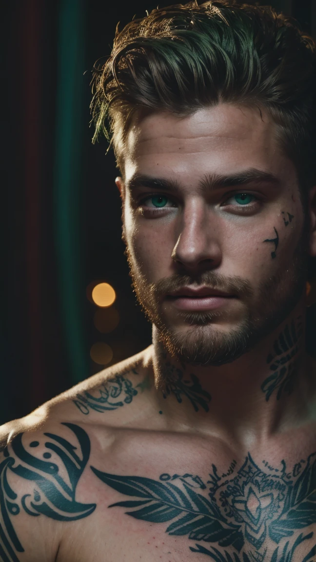 Masterpiece, 4k, award winning photo, extremely detailed, amazing, fine detail, absurdres, highly detailed man, toughboy, extremely detailed green eyes and face, masculine, piercing sexy eyes, messy hair, by lee jeffries nikon d850 film stock photograph 4 kodak portra 400 camera f1.6 lens rich colors hyper realistic lifelike texture dramatic lighting unrealengine trending on artstation cinestill 800 tungsten, toughboy style, face ultra focus, intimidating, in a fighting position, messy short hair, muscular, veins popping, beaded