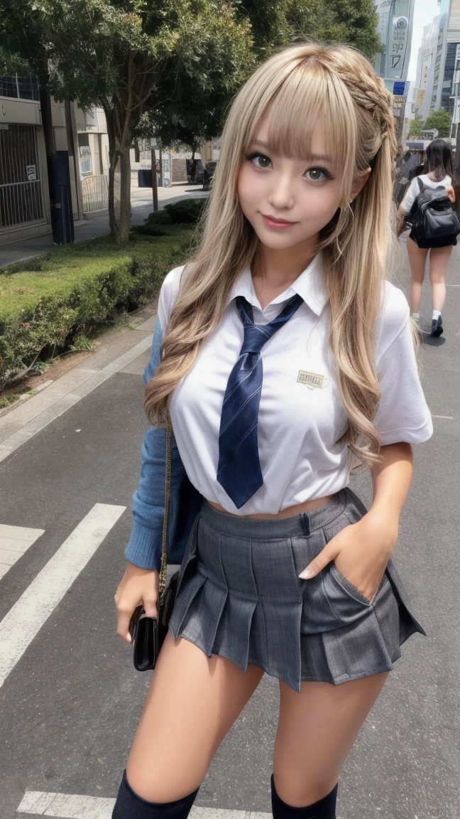 Photorealistic,masterpiece, best quality,ultra-detailed ,Elementary school student,((showing panties)),She takes great pleasure in showing off her panties to viewer,skirt lift,blonde hair,very happy,fresh lips,Lyon: France,street of lyon,