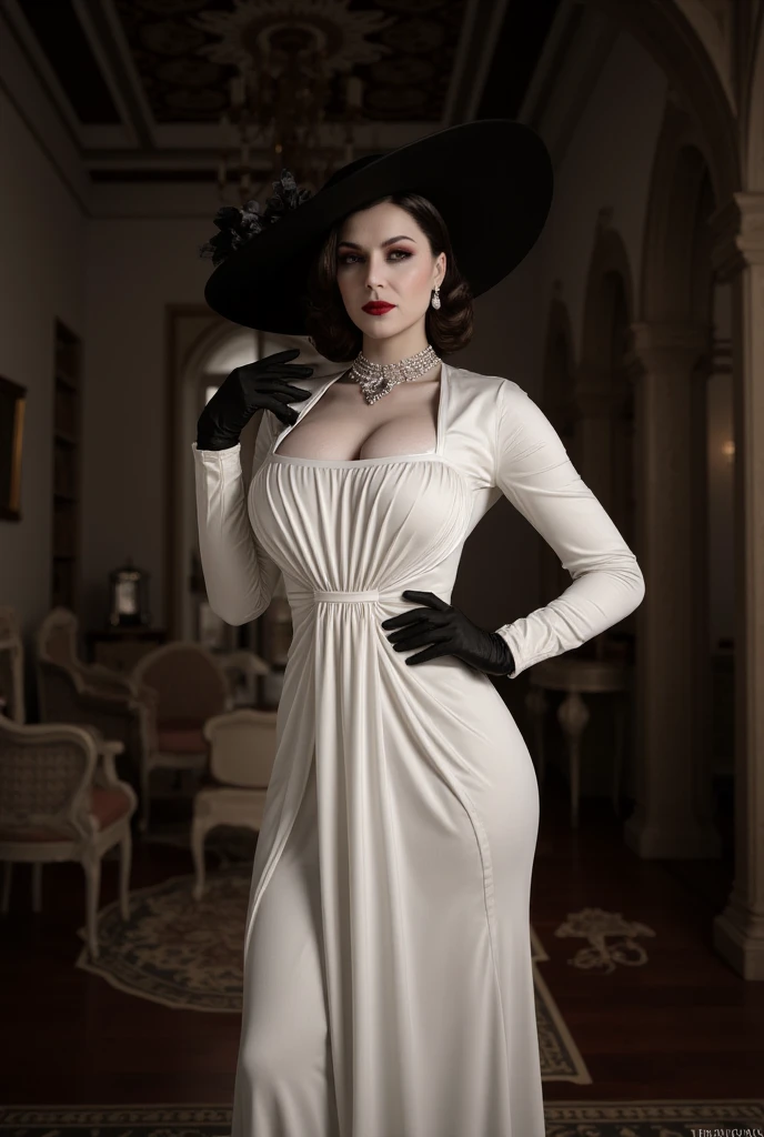 Resident Evil 8,Madame Dumitrescu,Short Hair,Pure white skin,Golden eyes,tall,White long dress,Black hat, black rose brooch,Photorealistic,Ultra HD,high quality,masterpiece,Digital SLR,Detailed details,Intricate details,Anatomical basis,Depicted in detail,A detailed face,Realistic skin texture,Vivid details,Perfect Anatomy,Perfect Anatomy,Anatomically correct hand,Anatomically correct fingers,Super Detail,Complex 3D rendering,Sexy pose,Rainy Sky,Beautiful scenery,Fantastic rainy sky,Picturesque,Red Lip,smile,