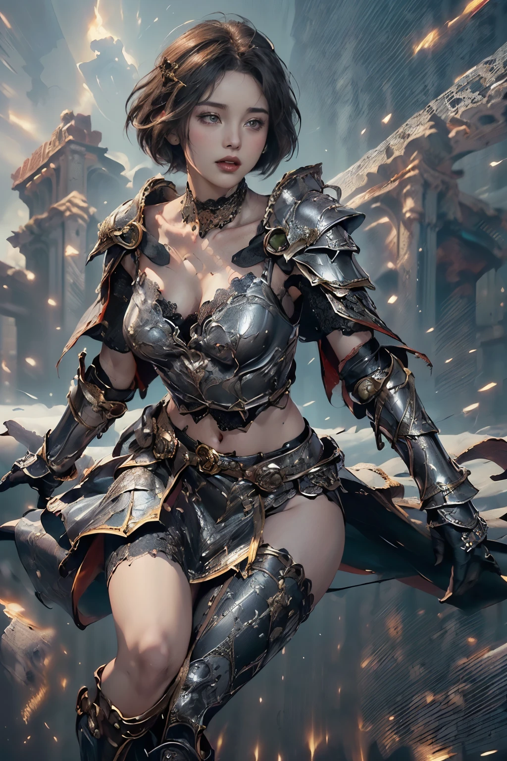 ((Highest quality))、((8K))、((Adventurer))、woman、Big eyes、Double、Soft、大人のwoman、whole body、(sword)、(leather armor)、((whole body鎧))、Tiger ears、Brown Hair、Short Hair、大sword、The knights、((battlefield))、Big Breasts、Abdominal muscleuscle、wild、