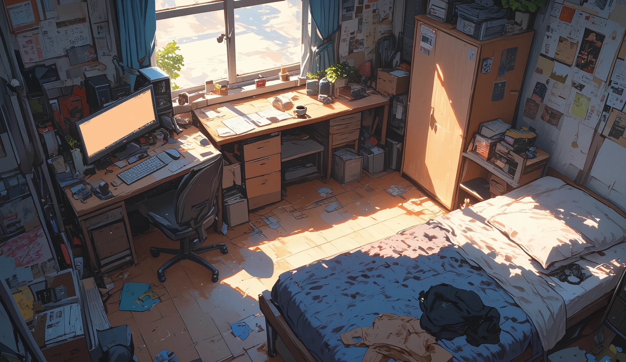 A boy’s bedroom, viewed from a high-angle corner perspective, showing a neatly organized space with only the bed and desk slightly unkempt. Soft natural light filters through a window, casting gentle shadows on the floor and walls. The room has a modern yet cozy feel, with neutral-colored walls, wooden or carpeted flooring, and simple yet stylish furniture.
The bed is unmade but not overly messy, with a crumpled blanket and a pillow slightly out of place. A hoodie or t-shirt is draped over the edge of the bed, and a pair of sneakers is neatly positioned nearby.
The desk is cluttered with a few everyday items—an open laptop or a softly glowing monitor, a cup with pens or pencils, a pair of wired headphones resting on the table, and a half-empty mug of coffee or tea. A chair is slightly pulled out, suggesting recent use.
The rest of the room is tidy, with a closed wardrobe, a neatly placed backpack near the desk, and minimal floor clutter. A few posters or framed pictures decorate the walls, adding personality to the space. The window is slightly open, allowing a soft breeze to move the curtains gently.
The camera angle is from the upper corner of the room, capturing the overall layout while emphasizing the desk and bed. This perspective provides a realistic and immersive view, making the viewer feel as if they are observing from above.
The art style is ultra-realistic digital painting, with attention to textures—the softness of the blanket, the smooth surface of the desk, the glow of electronics, and the natural lighting that enhances the atmosphere. The color palette is neutral and calming, with muted blues, grays, and warm wooden tones.
This image conveys a sense of realism, everyday life, and a slightly casual but comfortable living space, capturing the personal sanctuary of a age boy.