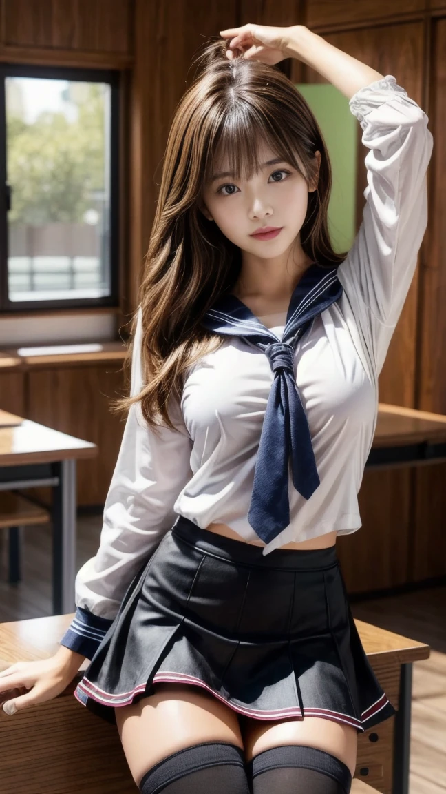 ((Night view, realistic light, best quality, 8k, masterpiece: 1.3)), 1 girl, slender beautiful woman: 1.4, (brown hair, huge breasts: 1.45), bed, super detailed face, detailed eyes, double eyelids, asian woman posing for photo pink skirt and white shirt, japanese girl school uniform, loose collar sailor uniform, sakimichan, amazing student uniform, white Japanese costume, ulzzang, wearing Japanese school uniform, Stylish white tights suit, beautiful, charming, beautiful to the extreme, close-up of the face