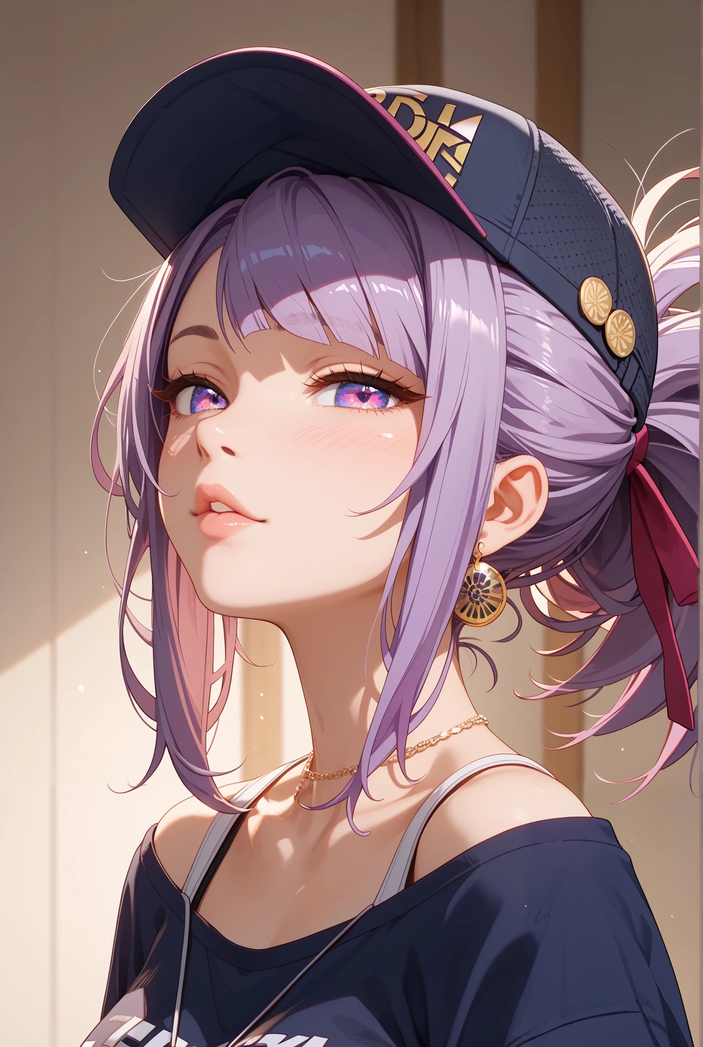 Score_9, Score_8_up, Score_7_up, Score_6_up, Score_5_up, Score_4_up, Tag1, Tag2, Quality_masterpiece, Absurd res, Anatomically correct, Beautiful face, Perfect face, Highly detailed beautiful face and eyes, Attractive face, Detailed face, Delicate facial features,high detail face, Detailed skin, hyper realistic ,high definition detail, Amazing work , wallpaper, screencap, masterpiece, high resolution, best quality ,8k ( KDA Akali ) (purple cap) (purple hair) walking, blushing, ebarrasing,updo hair, alone, high purity eyes, closing one eye, half closed eyes, look of disinterest, full body, casual clothes, look at you