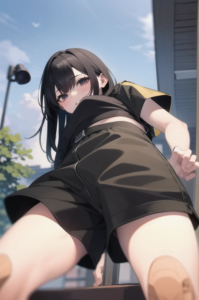 1 chica, pelo largo morado con gafas , vestido amarillo con puntas negras, pantimedias negras,Botas negras ,ropa interior blanca ,cara sonriente , rubor ,de cuclillas, piernas abiertas, en un parque