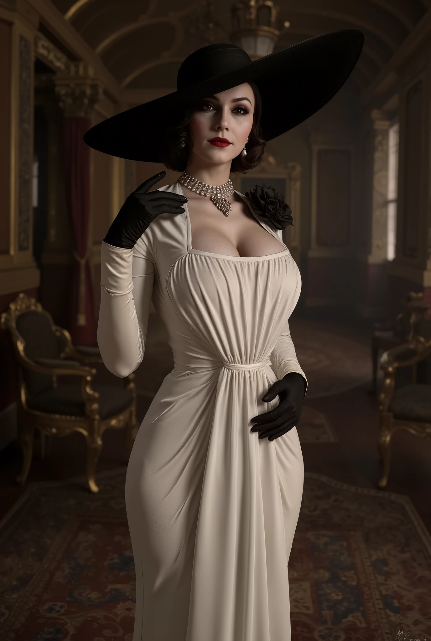 Alcina Dimitrescu , Black hat, white dress with a long , neckline tucking down the dress and showing the breasts, in a medieval mansion ((Bimbo)) ((close up))