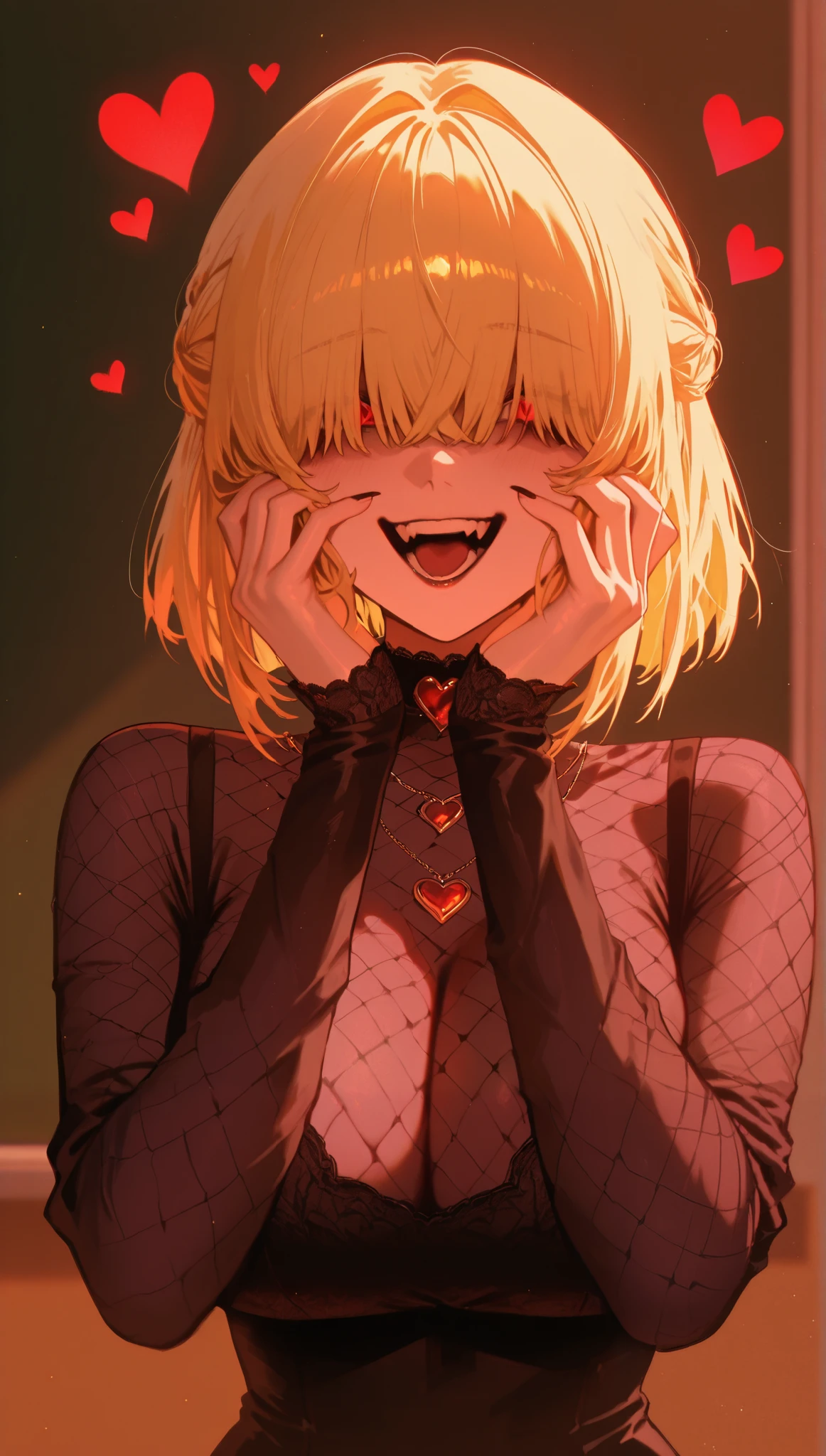 hot goth solo, blonde hair, hair over eyes, white bangs, gothic makeup (best quality, 8K, 32k, masterpiece, Ultra HD:1.2),Photos of beautiful Japanese women, Large Breasts, Super Short Bob Hairstyle,Upper Body,(black mesh blouse, long sleeves, short sexy:1.1) necklace,  classroom background, crazy smile, hearts in the air, hands on cheeks