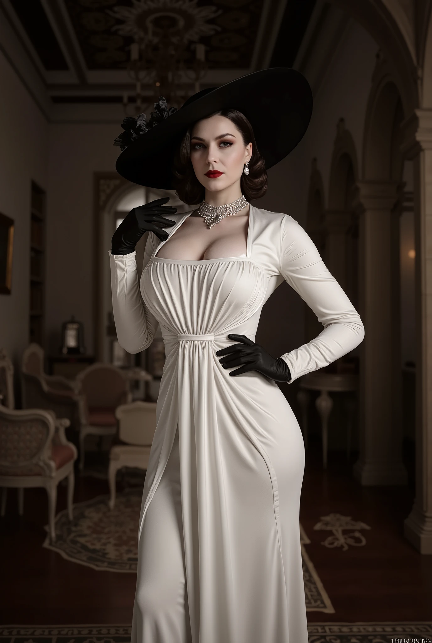 Alcina Dimitrescu , Black hat, white dress with a long , neckline tucking down the dress and showing the breasts, in a medieval mansion ((Bimbo)) ((close up))