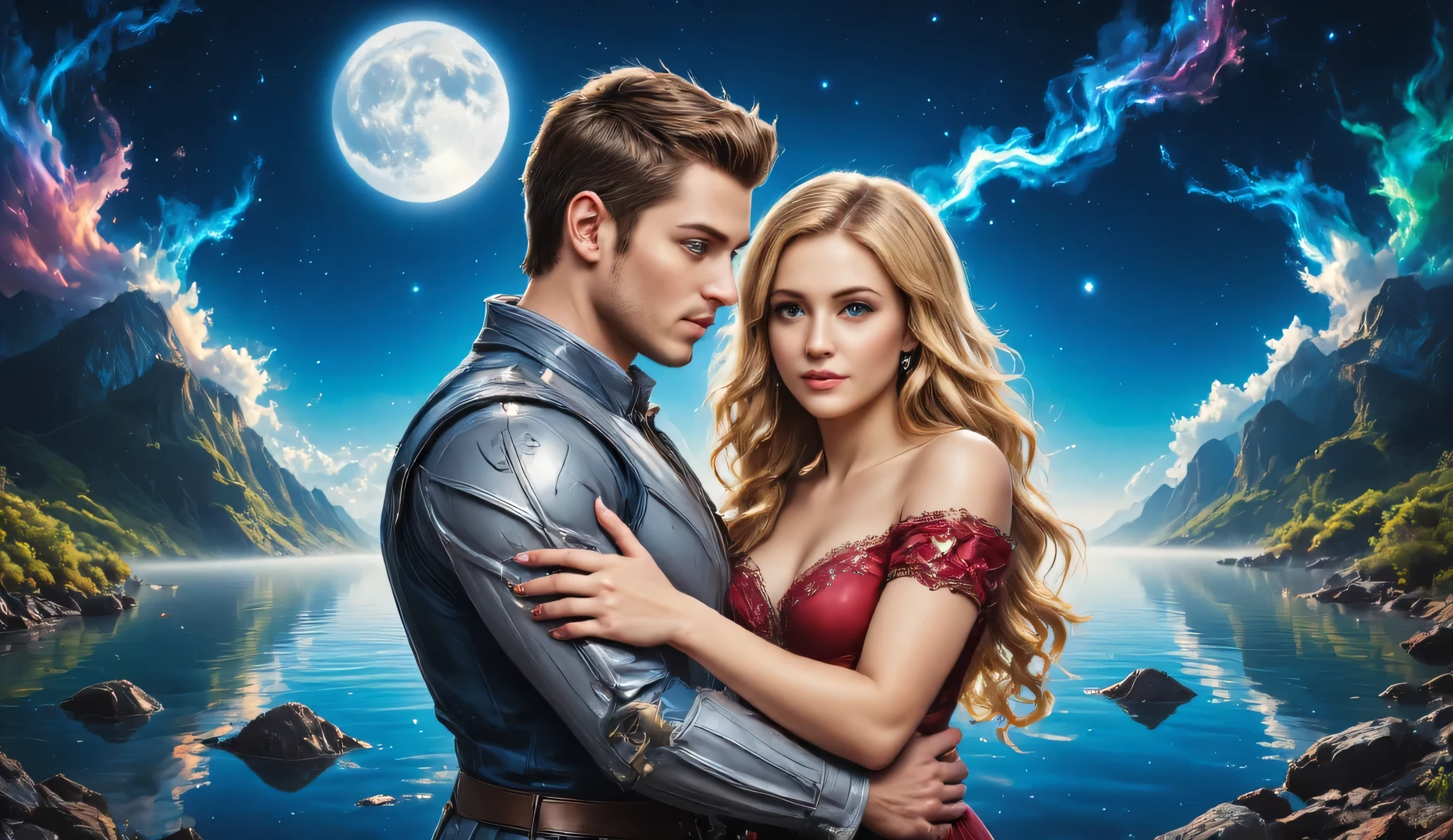 fantasy art, a picture of a fantasy female elf, beautiful female elf, best detailed face, wearing red dress, silk dress, intricate dress, holding, blond hair, blue eyes, hugging a male elf man, muscular male elf, best detailed face, wearing white armor, red hair, reflection light, it is night time, the moon is in the sky, a sense of eternal love, soft light. moon rays. high details, best quality, 16k, [ultra detailed], masterpiece, best quality, (extremely detailed), close up, ultra wide shot, photorealistic, RAW, fantasy art, dnd art, fantasy art, realistic art,((best quality)), ((masterpiece)), (detailed), perfect face, hyp3rd3tail style, magical sky