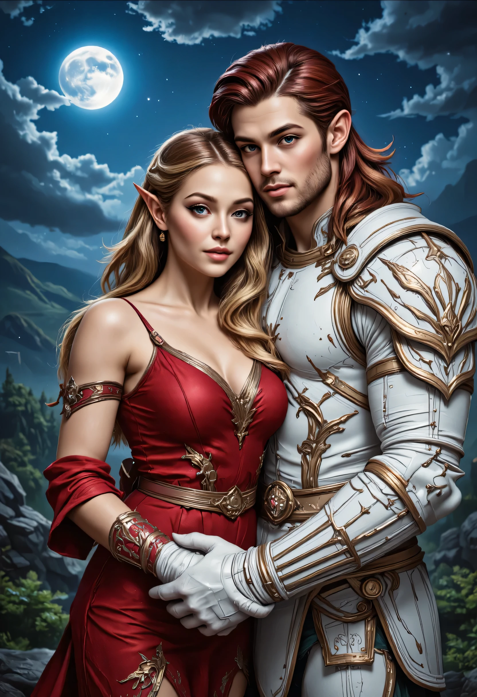 fantasy art, a picture of a fantasy female elf, beautiful female elf, best detailed face, wearing red dress, silk dress, intricate dress, holding, blond hair, blue eyes, hugging a male elf man, muscular male elf, best detailed face, wearing white armor, red hair, reflection light, it is night time, the moon is in the sky, a sense of eternal love, soft light. moon rays. high details, best quality, 16k, [ultra detailed], masterpiece, best quality, (extremely detailed), close up, ultra wide shot, photorealistic, RAW, fantasy art, dnd art, fantasy art, realistic art,((best quality)), ((masterpiece)), (detailed), perfect face, hyp3rd3tail style, magical sky