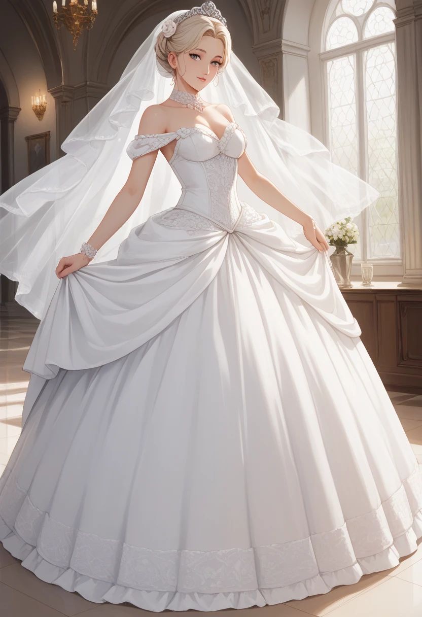 Misaka Mikoto、wedding dress, bridal gauntlets, bridal veil, wedding ring, blush, short hair, small breasts, church, UHD, retina, masterpiece, ccurate, anatomically correct, textured skin, super detail, high details, high quality, best quality, highres, 4K