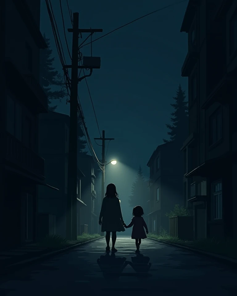 A dark and eerie street at night, similar in lighting to the previous description, partially illuminated by a streetlamp casting deep shadows. In the center of the image, a young girl and her little brother, both seen from behind, walk hand in hand down the street. The girl is slightly taller, holding the hand of her younger brother, who is even smaller. They are close together, walking alone into the darkness of the street, their figures partially obscured by shadows. The overall mood is suspenseful, with the streetlamp providing a dim, atmospheric light that enhances the mystery.