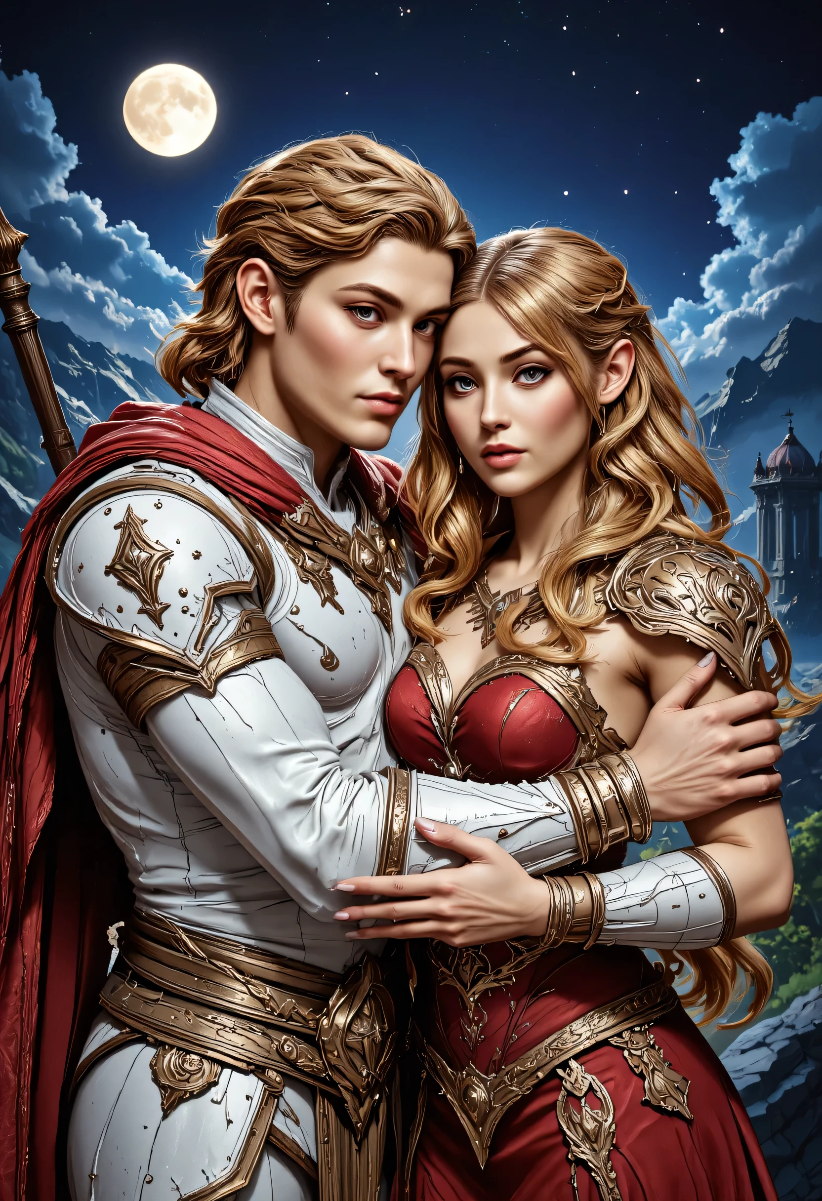 fantasy art, a picture of a fantasy female elf, beautiful female elf, best detailed face, wearing red dress, silk dress, intricate dress, holding, blond hair, blue eyes, hugging a male elf man, muscular male elf, best detailed face, wearing white armor, red hair, reflection light, it is night time, the moon is in the sky, a sense of eternal love, soft light. moon rays. high details, best quality, 16k, [ultra detailed], masterpiece, best quality, (extremely detailed), close up, ultra wide shot, photorealistic, RAW, fantasy art, dnd art, fantasy art, realistic art,((best quality)), ((masterpiece)), (detailed), perfect face, hyp3rd3tail style, magical sky