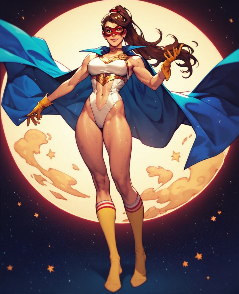 A sexy superheroine with a blue highleg leotard with a gold star insignia, gold boots and gloves and a headband