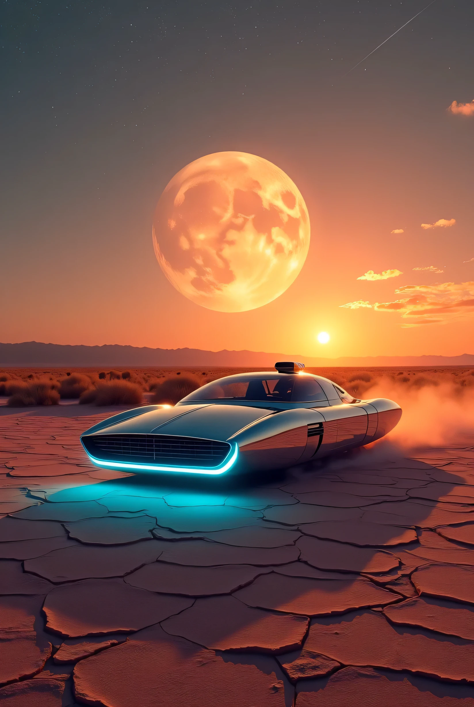 Photo-realistic image of an attractive woman in a swimsuit, (Tail behind:1.5), on her back, bending over in front the bonnet of a DMC Delorean car, neon backlit, neon signs in background, 1980s neon dark sunset, palms in front, captured with cinematic lighting, meticulous in detail, 4k resolution, reminiscent of Kodachrome film aesthetic, ultra clear, dramatic lighting.