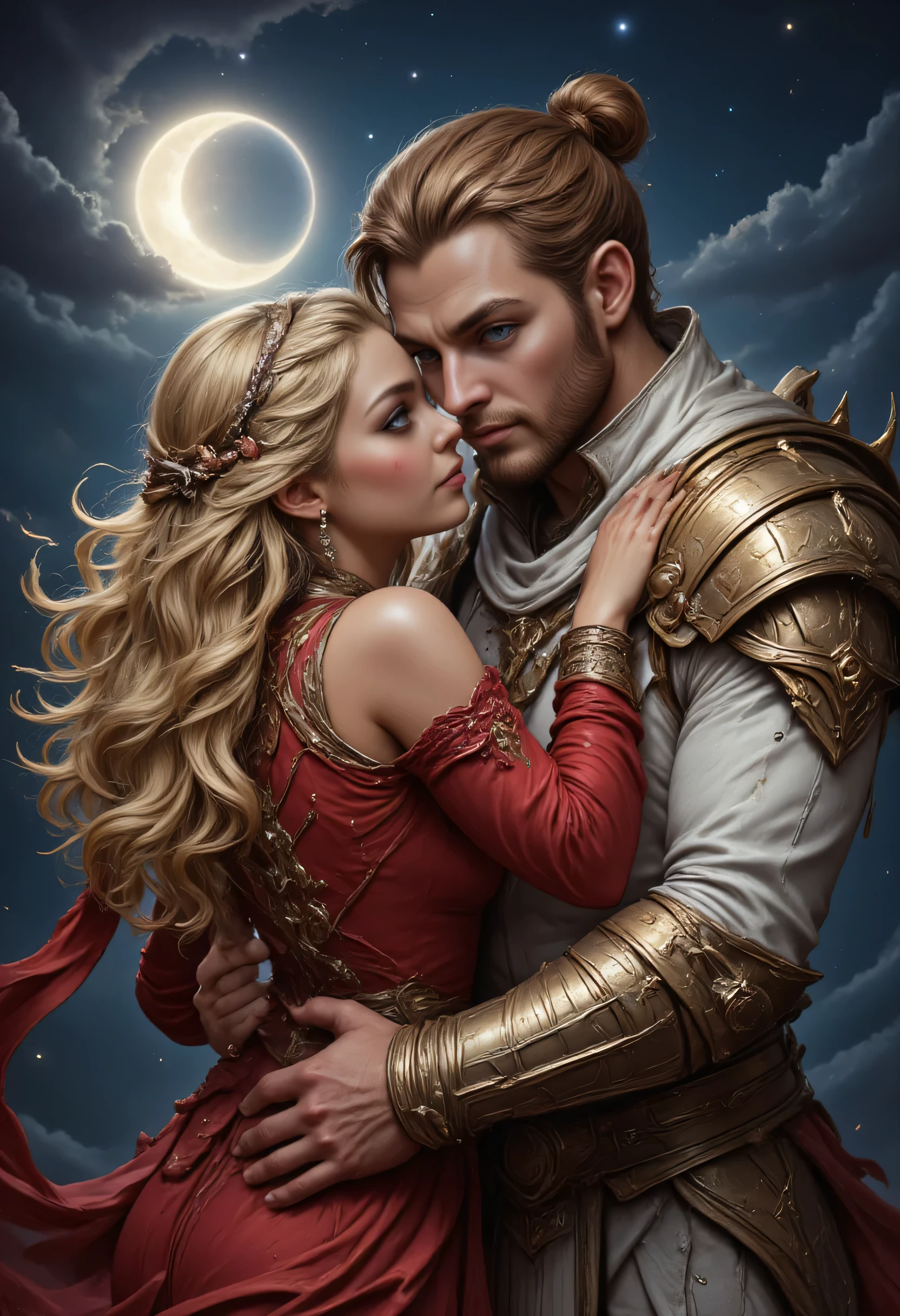 fantasy art, a picture of a fantasy female elf, beautiful female elf, best detailed face, wearing red dress, silk dress, intricate dress, holding, blond hair, blue eyes, hugging a male elf man, muscular male elf, best detailed face, wearing white armor, red hair, reflection light, it is night time, the moon is in the sky, a sense of eternal love, soft light. moon rays. high details, best quality, 16k, [ultra detailed], masterpiece, best quality, (extremely detailed), close up, ultra wide shot, photorealistic, RAW, fantasy art, dnd art, fantasy art, realistic art,((best quality)), ((masterpiece)), (detailed), perfect face, hyp3rd3tail style, magical sky