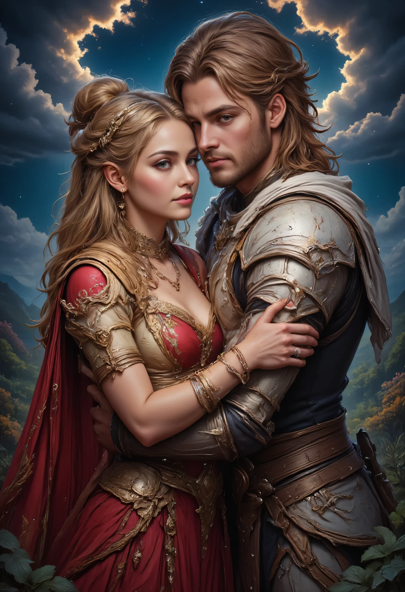 fantasy art, a picture of a fantasy female elf, beautiful female elf, best detailed face, wearing red dress, silk dress, intricate dress, holding, blond hair, blue eyes, hugging a male elf man, muscular male elf, best detailed face, wearing white armor, red hair, reflection light, it is night time, the moon is in the sky, a sense of eternal love, soft light. moon rays. high details, best quality, 16k, [ultra detailed], masterpiece, best quality, (extremely detailed), close up, ultra wide shot, photorealistic, RAW, fantasy art, dnd art, fantasy art, realistic art,((best quality)), ((masterpiece)), (detailed), perfect face, hyp3rd3tail style, magical sky