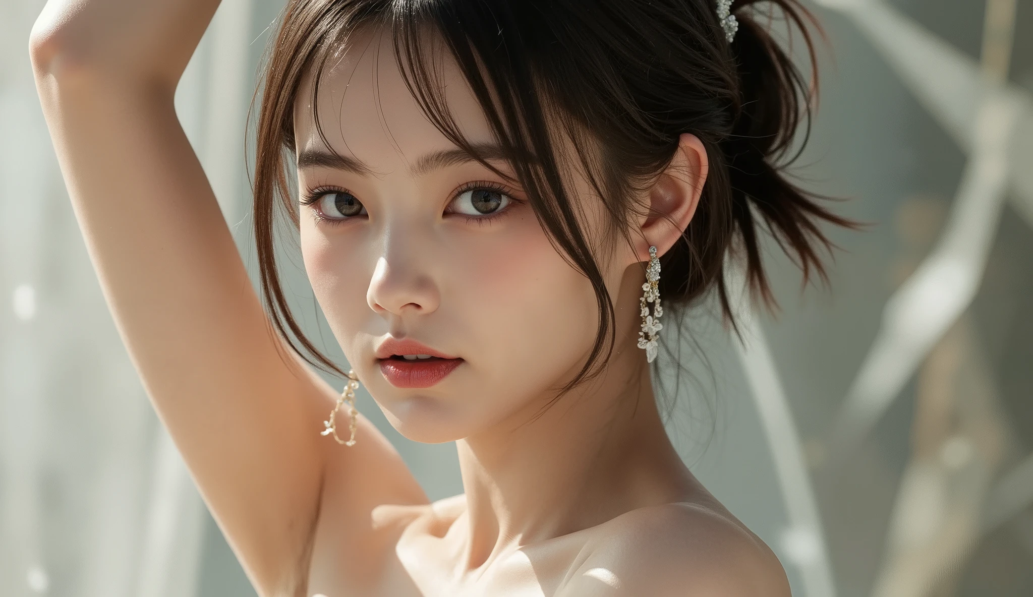 (2 pure Japanese girl,), (Small breasts:1.5,),(solo,,Textured skin, Detailed skin,Detailed face,Detailed eyes,detailed posing,Natural eyebrows,Sparkling Eyes,High detail, Highest quality, Super detailed, Surrealism, ,8k,RAW Photos,Photographicism,Professional Lighting,Ray Tracing,Portrait Photography,Soft Light),(((Black Hair, Natural Makeup,Simple earrings, Bun Hair,I want to cry, ))),(((Being chased,turn around,Back alley at night)))