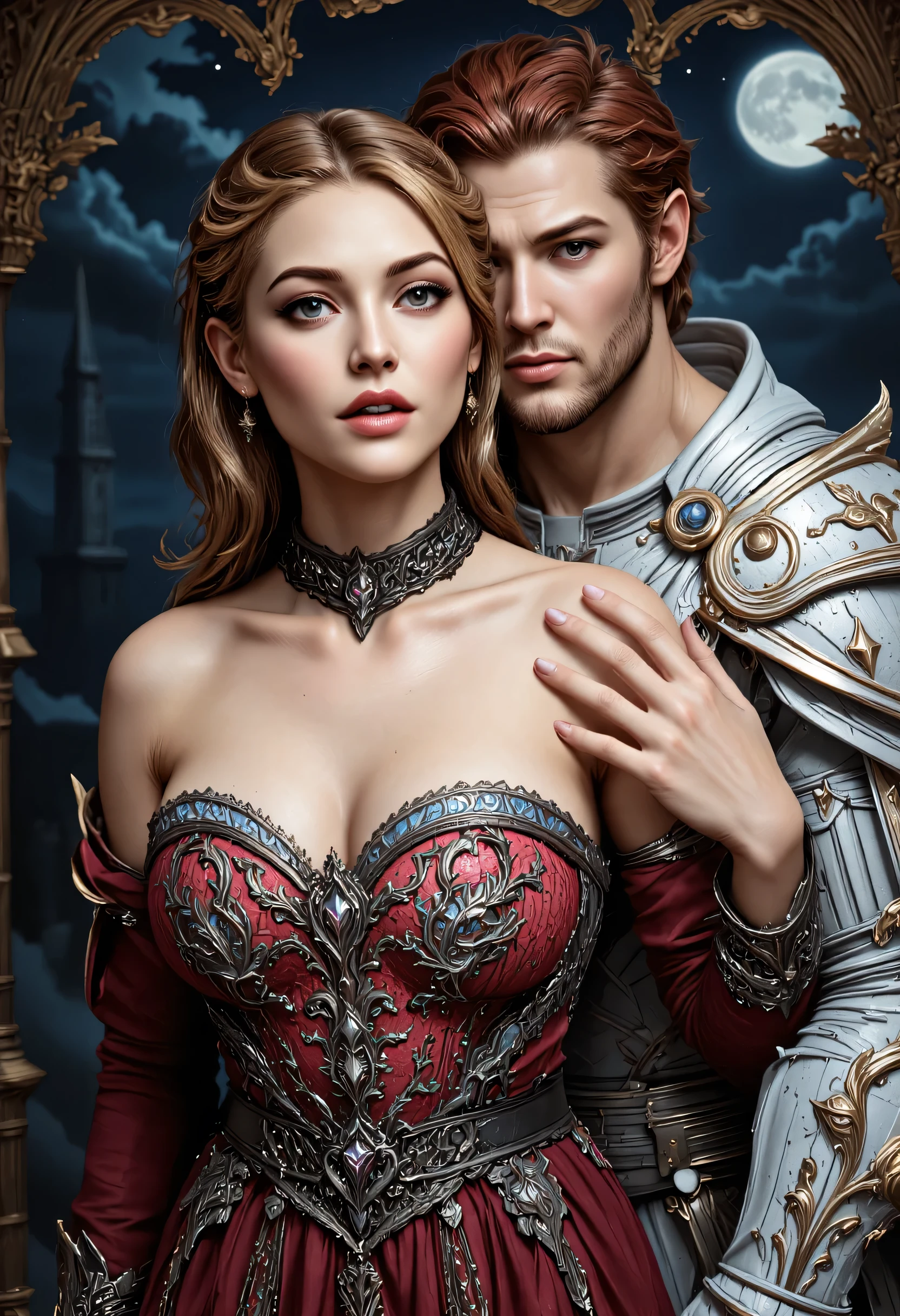 fantasy art, a picture of a fantasy, beautiful female vampire, best detailed face, wearing red dress, silk dress, intricate dress, pale skin, blond hair, glowing eyes blue eyes, hugging a  man, muscular man, best detailed face, wearing white armor, red hair, reflection light, it is night time, the moon is in the sky, a sense of eternal love, soft light. moon rays. high details, best quality, 16k, [ultra detailed], masterpiece, best quality, (extremely detailed), close up, ultra wide shot, photorealistic, RAW, fantasy art, dnd art, fantasy art, realistic art,((best quality)), ((masterpiece)), (detailed), perfect face, hyp3rd3tail style, magical sky